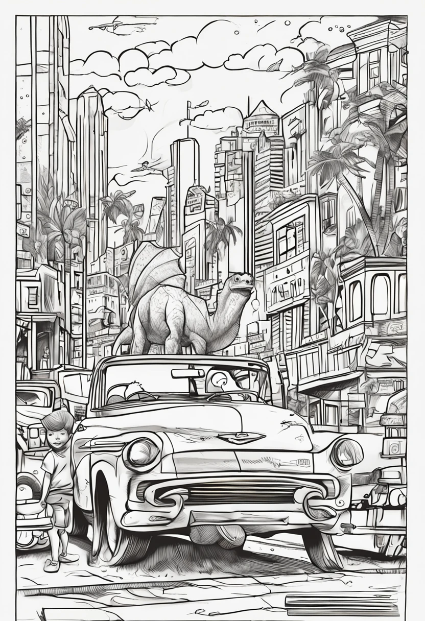 Estilo de livro para colorir, DESENHO LINEAR, sem sombra, um de aproximadamente cinco anos olhando para o horizonte, in the background of the drawing several dinosaurs, melhor escala, Dinossaurs