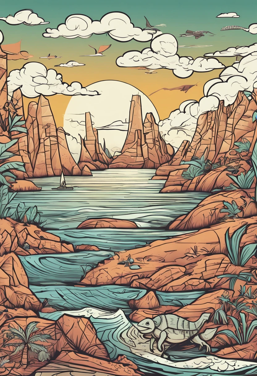 Estilo de livro para colorir, DESENHO LINEAR, sem sombra, um de aproximadamente cinco anos olhando para o horizonte, in the background of the drawing several dinosaurs, melhor escala, Dinossaurs