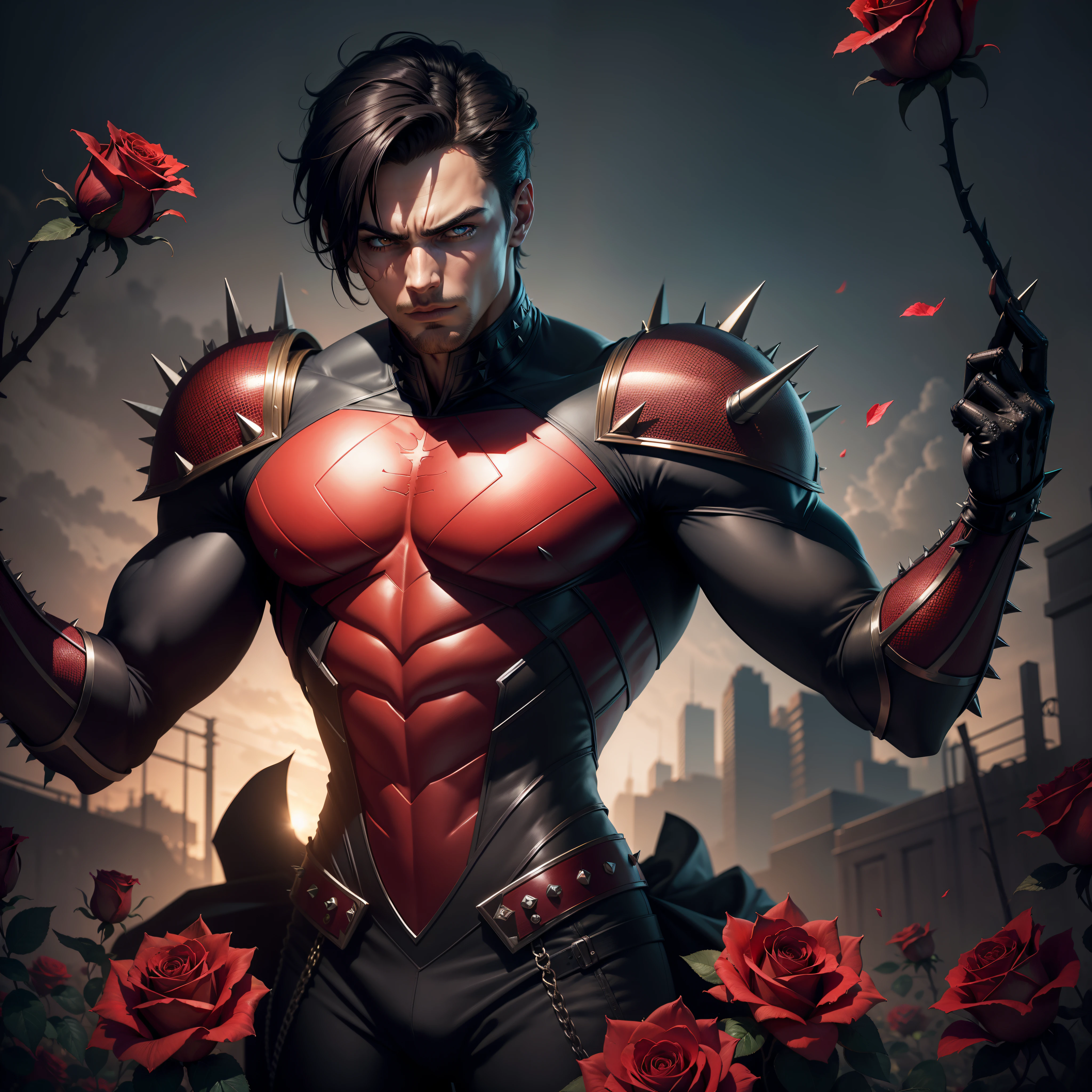Create a male superhero inspired by roses with spikes, very detailed, creepy looking character, dead roses in the background, high quality, high quality artwork, rich colours photography.