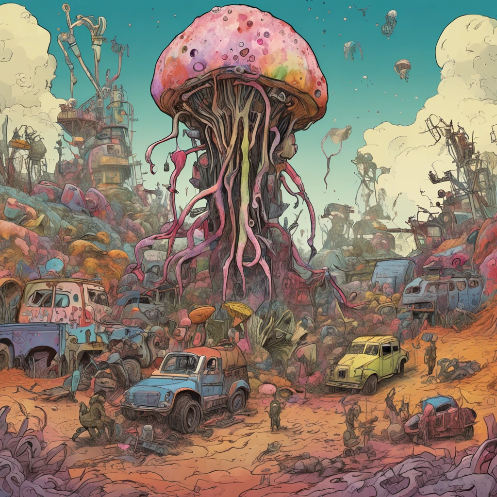 gonzobugs squid monster, vehicle, agate geode dandelion clowncore, war-torn post apocalyptic wonderland, fauvism , Caspar David Friedrich , Takashi Murakami , Diane Dillon , album cover art, perfect, smooth, pixiv, cgsociety,