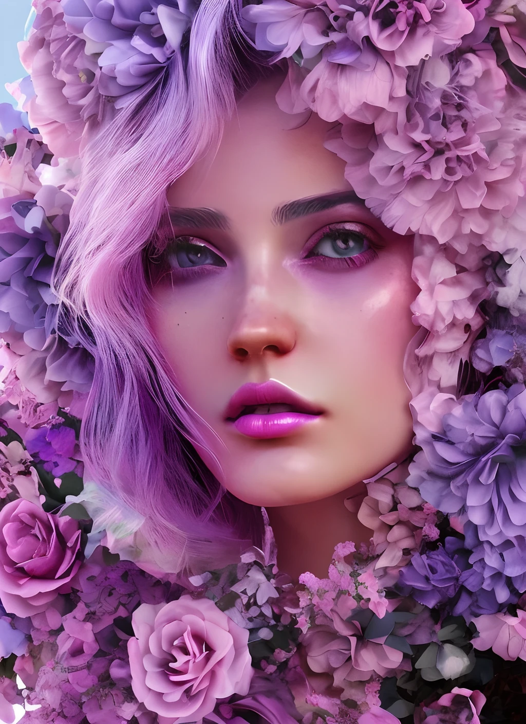 lr_rbn style, portrait of cute woman, wavy hair, pastel pink and purple hair, flowers, nature details, black background, purple and pink, ink, swirly lines, winning award masterpiece, fantastically gaudy, aesthetic octane render, 8 k hd resolution