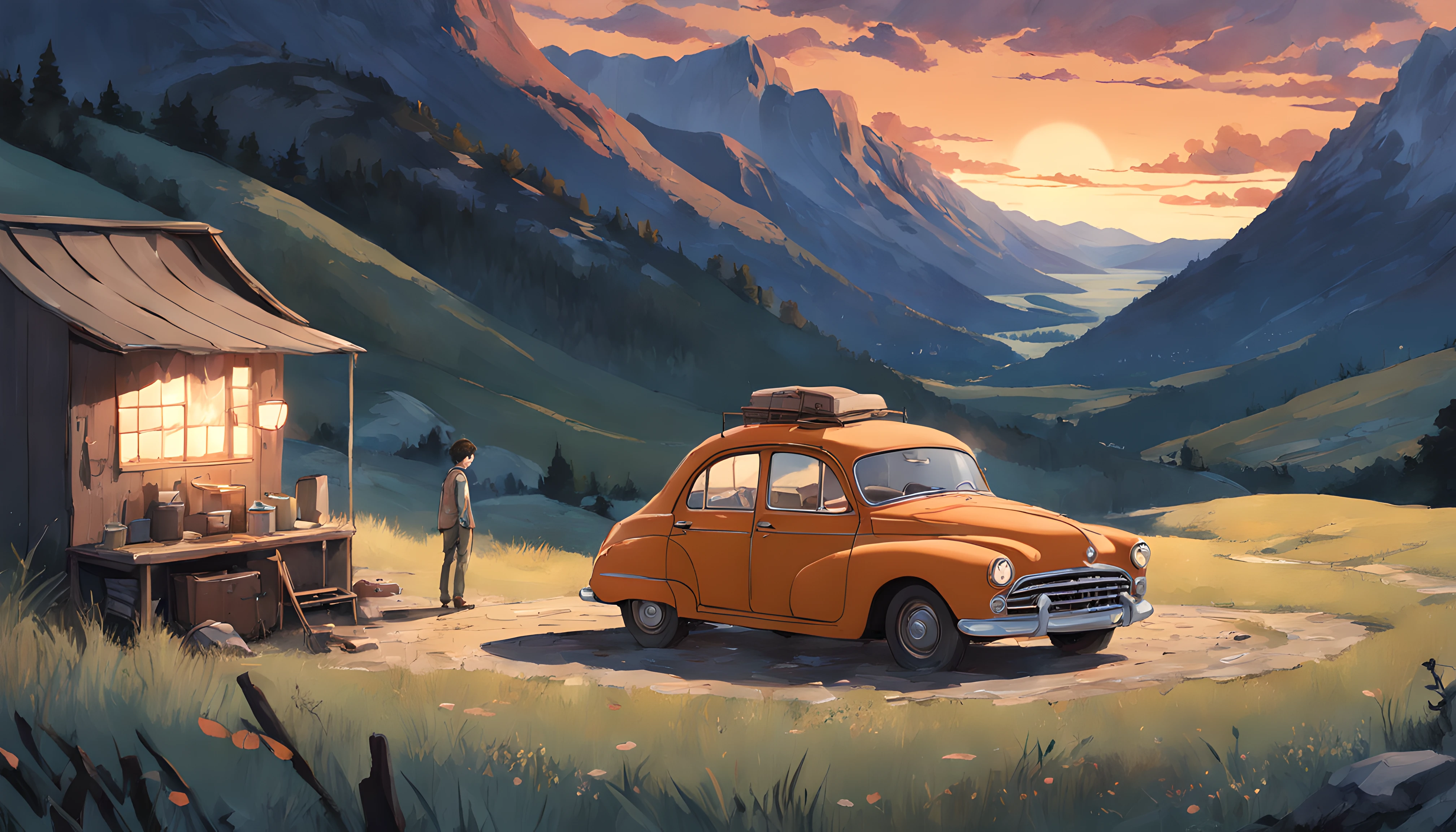 Create a compelling tale revolving around an old model car parked amid rolling hills, with a lone man setting up camp nearby. The car, weathered by time, Tips from past trips and adventure stories. Describe the man's actions as he unfolds a worn map, a crackling bonfire starts, and looks up at the starry sky. Weave in detail about the surrounding landscape, the scent of pines, and the distant calls of nocturnal creatures. Convey a sense of nostalgia and introspection as the man reflects on the past and finds solace in the simplicity of the present moment. Your story should transport readers to this remote hillside, allowing them to feel the connection between the men, The antique car, and the serene desert, exposure blend, medium shot, bokeh, (hdr:1.4), high contrast, (cinematic, orange and white film), (muted colors, dim colors, soothing tones:1.3),
low saturation, (hyperdetailed:1.2), (noir:0.4).