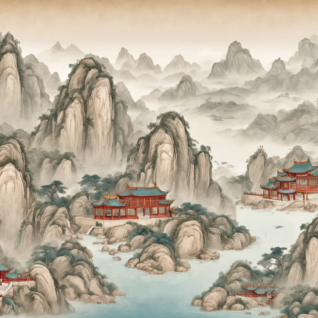 An ancient Chinese painting, ancient Chinese background, mountains, rivers, auspicious clouds, pavilions, sunshine, masterpieces, super detail, epic composition, ultra HD, high quality, extremely detailed, official art, unified 8k wallpaper, Super detail, 32k -- v 6