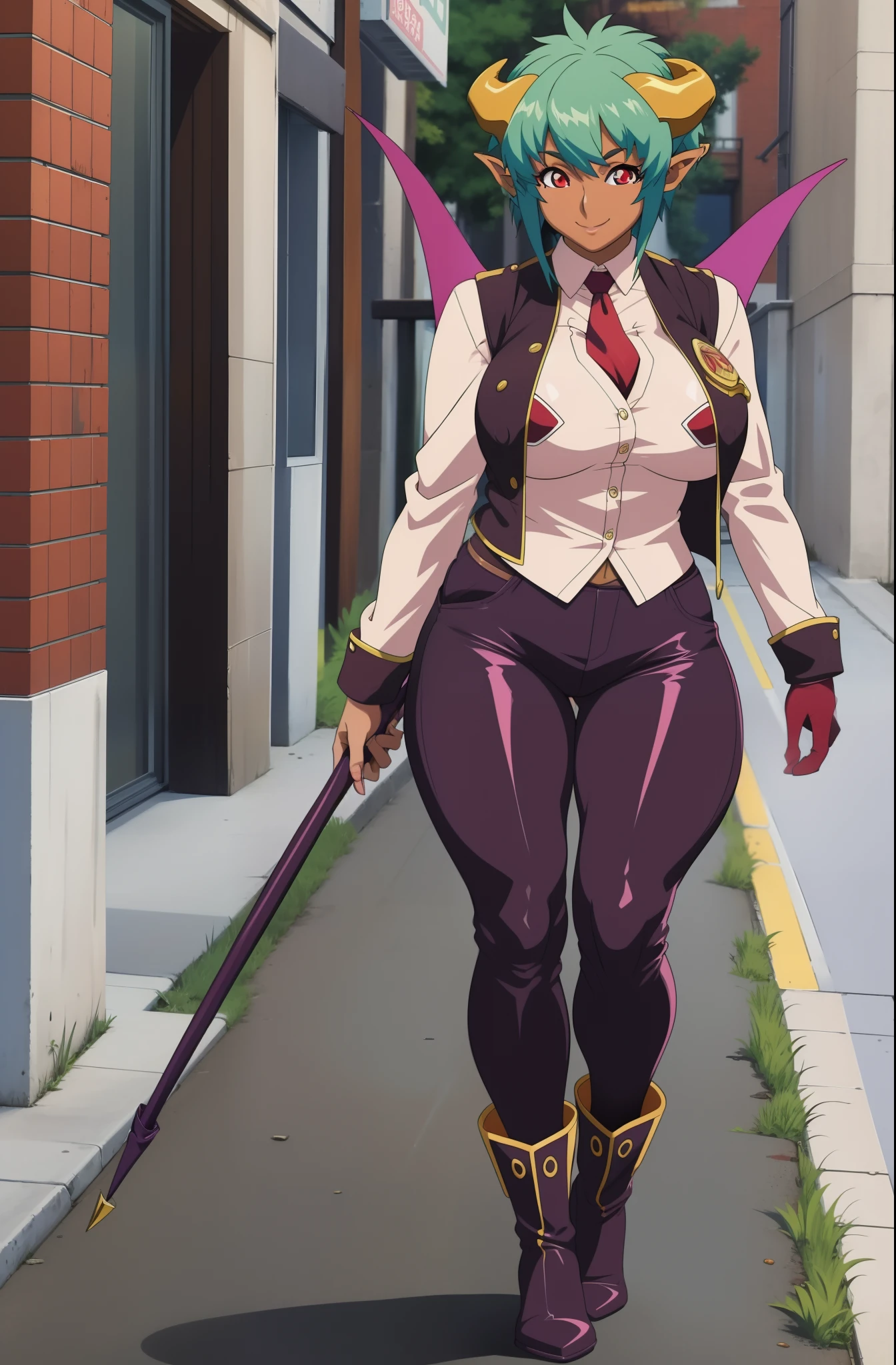 large breasts, thick thighs, vipergts,dark skin,horns,wings,pointy ears,demon girl,demon tail,red eyes, green hair, short hair, , shiny skin,, full body, pants, corsep, pullover,boots,vest, walking, staff holding, smile, full body