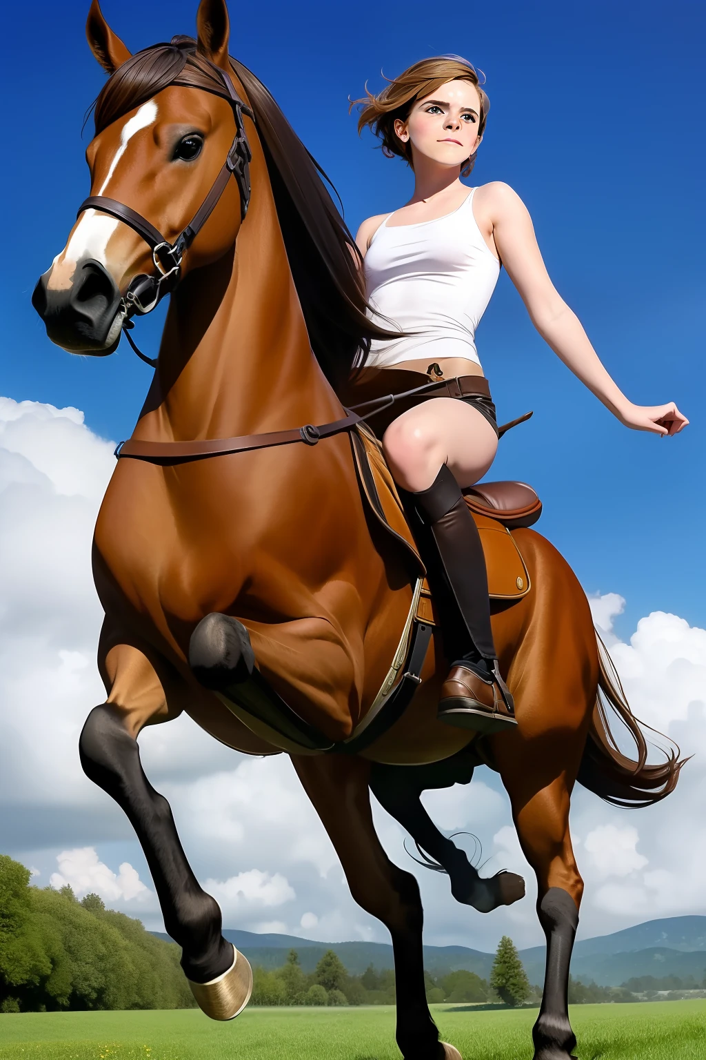 NSFW (nude) (Supergirl ((human)) medium breasts, strip of pubic hair) full body, penis in mouth of a ((male furry white horse with a horse penis)), on a deserted beach