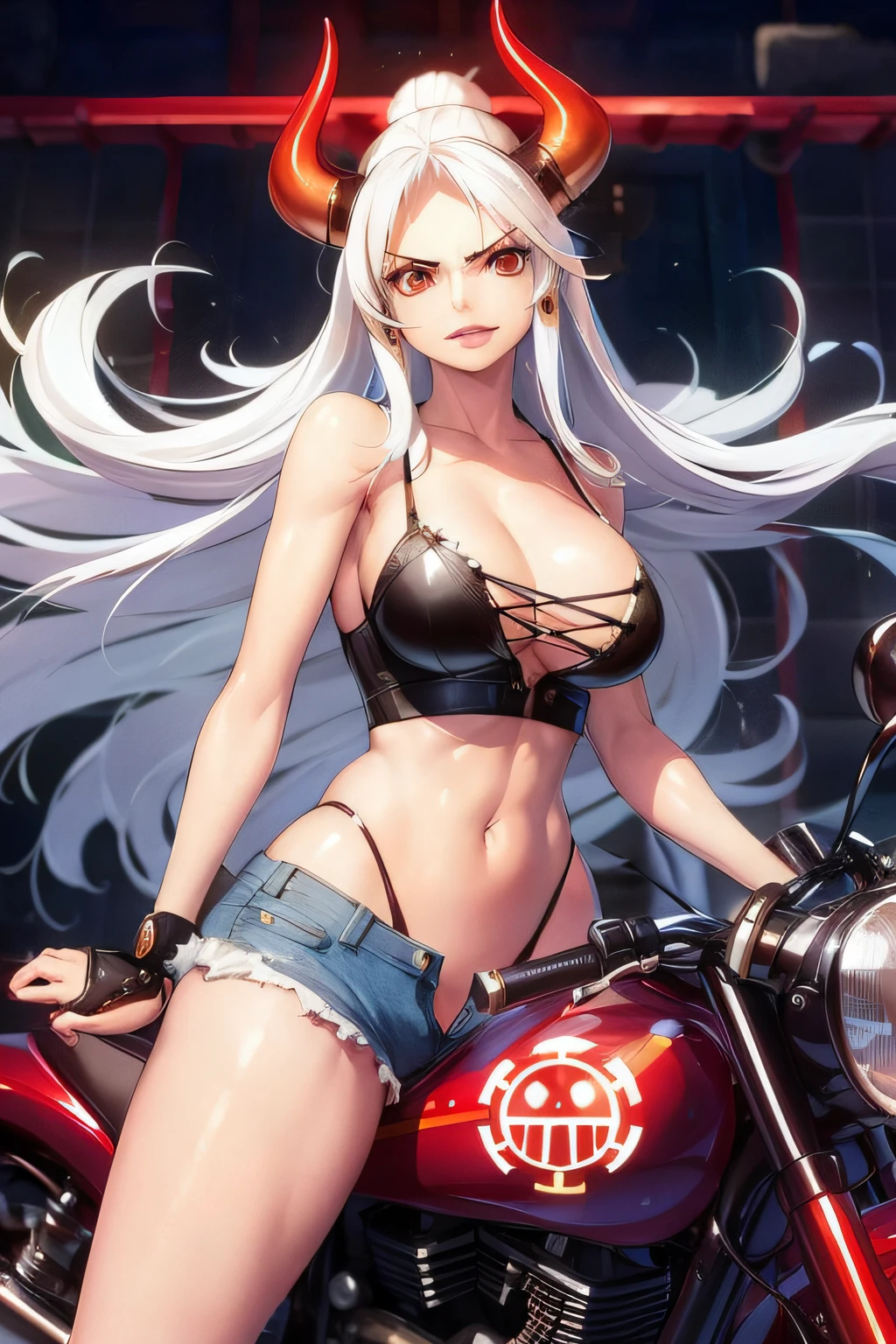 anime girl with horns and a leather bra top on a motorcycle, seductive anime girl, tifa lockhart with white hair, biomechanical oppai, extremely detailed artgerm, perfect white haired girl, badass anime 8 k, ig model | artgerm, white haired deity, artgerm. anime illustration, artgerm style, beautiful alluring anime woman, neon pupils, closed hand