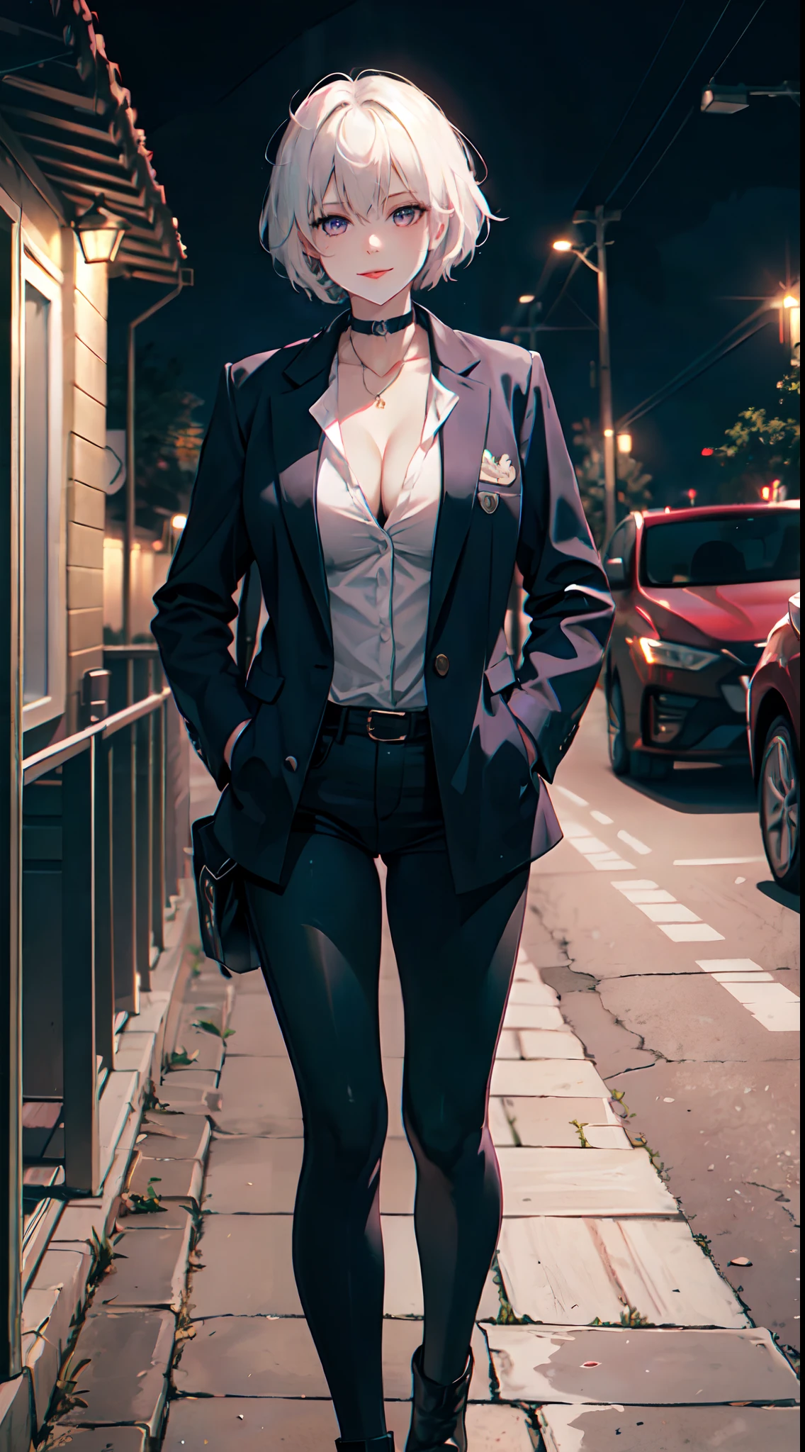 (masterpiece, best quality:1.2), cowboy shot, solo, 1girl, white hair, short wavy hair, purple eyes, average breasts, slender body, light smile, looking at viewer, hands in pockets, lady office suit, cleavage, choker, cityscape scenery, street, night light, night time, smoking cigarette, cigsmoker