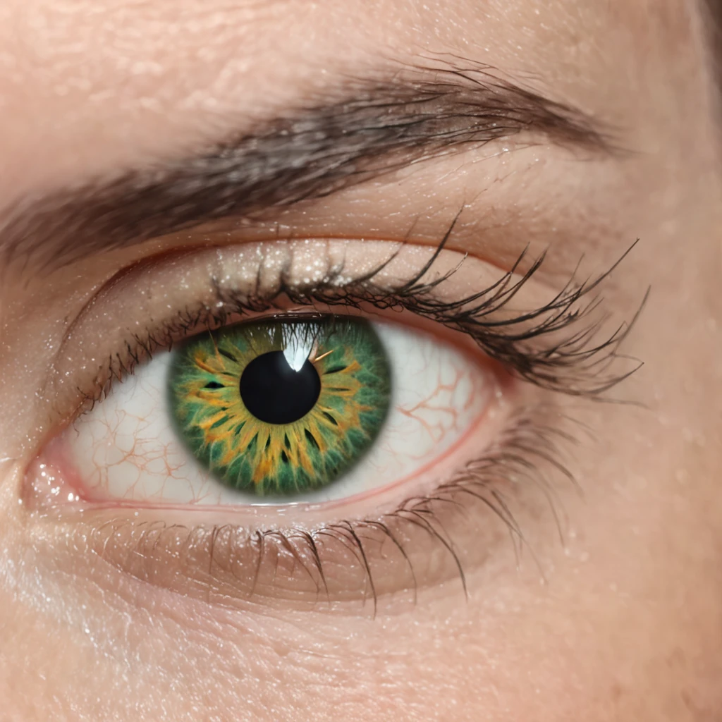 There is a closeup of a person's eye with green and yellow decorations, um olho humano, olhos humanos, Fantastic detailed eyes, foco intrincado nos detalhes dos olhos, olho verde, super detailed eyes, pele verde com pinturas, olho verde, arte ocular, Olho Verde, pele verde. intrincado, Olhos detalhados, olhos intrincados