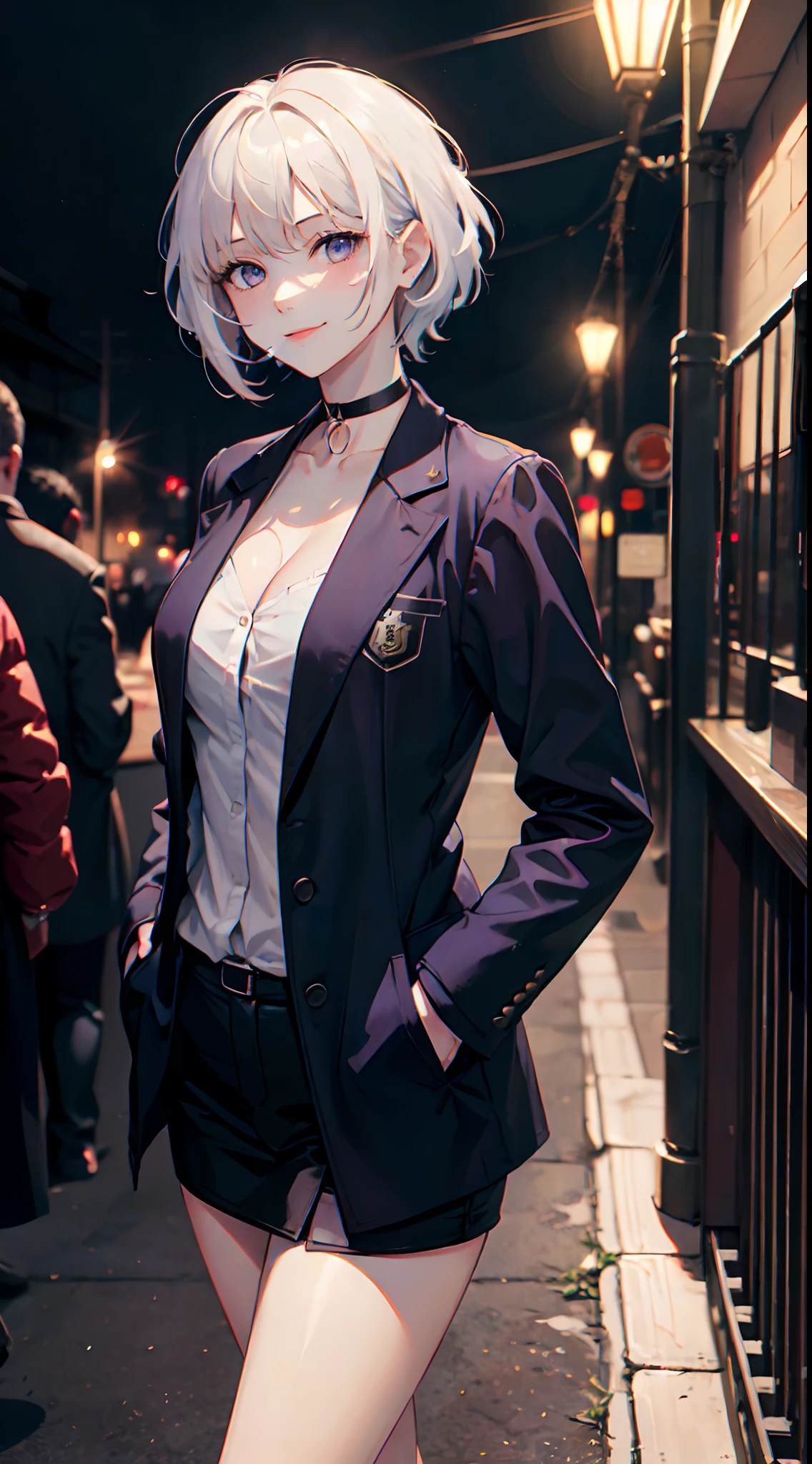 (masterpiece, best quality:1.2), cowboy shot, solo, 1girl, white hair, short wavy hair, purple eyes, average breasts, slender body, light smile, looking at viewer, hands in pockets, lady office suit, cleavage, choker, cityscape scenery, street, night light, night time, smoking cigarette, cigsmoker