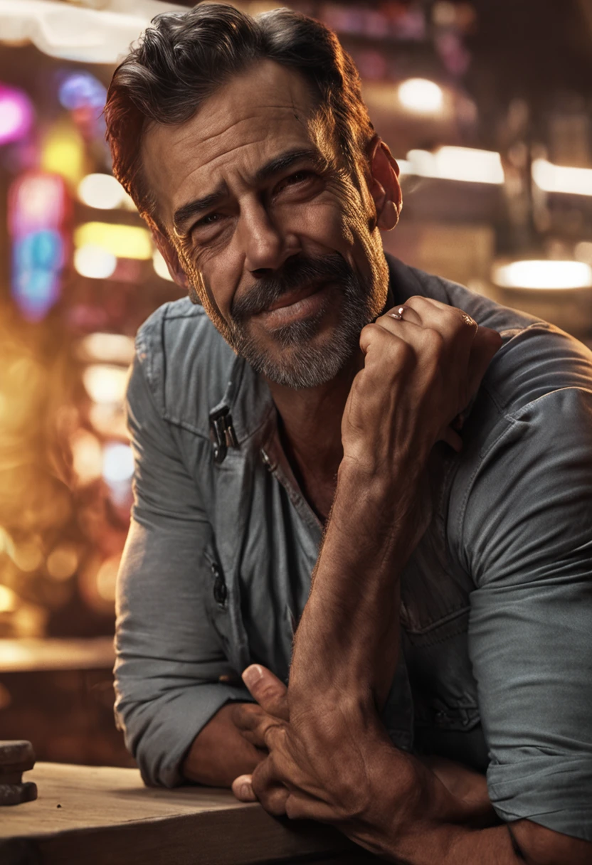 Craft a lifelike portrait of a man bearing a striking resemblance to Jeffrey Dean Morgan, radiating infectious enthusiasm and a genuine zest for life,Warm, natural lighting that highlights the subject's features and brings out the warmth in his expression,Close-up shot, capturing his face and upper body. Position the camera at eye level to showcase his connection with the viewer, while his bright and enthusiastic expression takes center stage ::n_Generate an image that portrays a man who appears fatigued and disinterested, conveying a lack of enthusiasm and passion