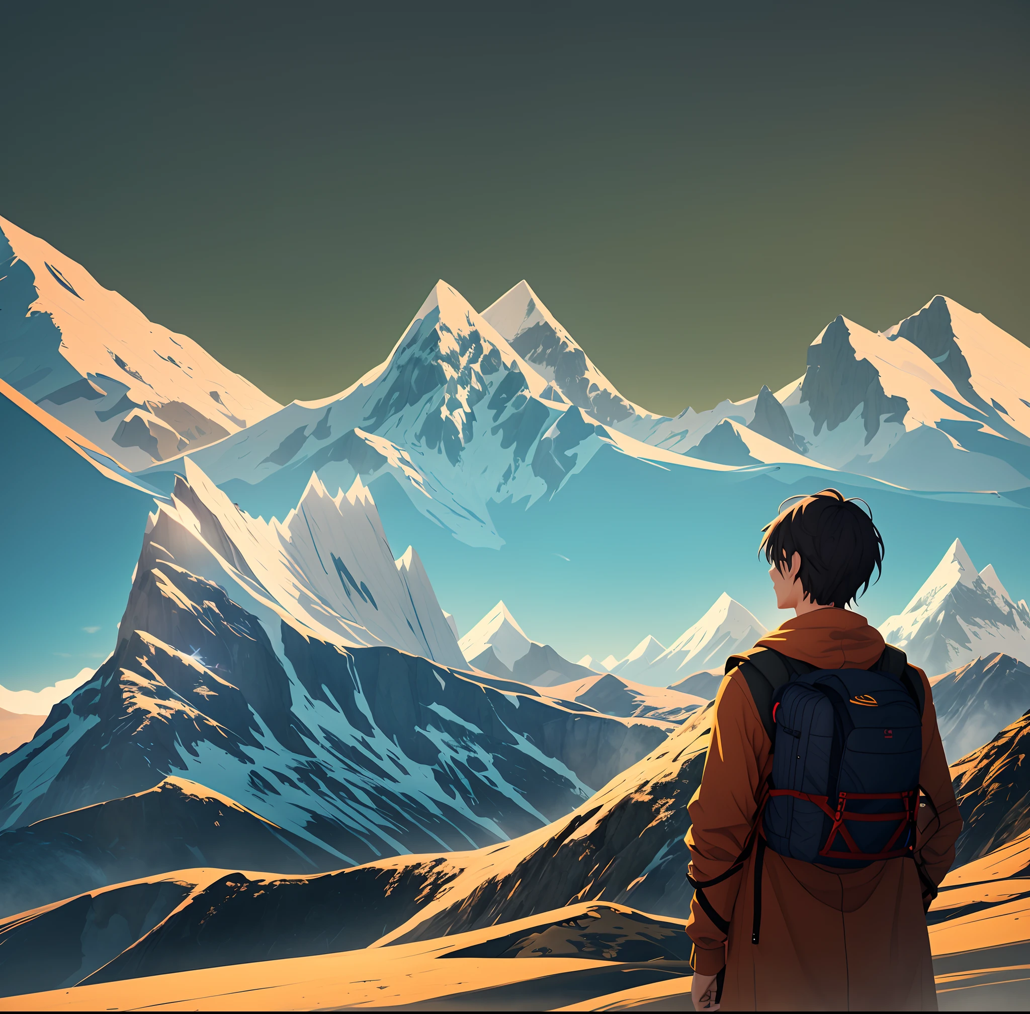(extremamente detalhado CG unity papel de parede 8K), obra-prima, melhor qualidade, an anime scene of a man standing in front of the mountain with a bright blue sky, mochila nas costas, olhando para as montanhas.