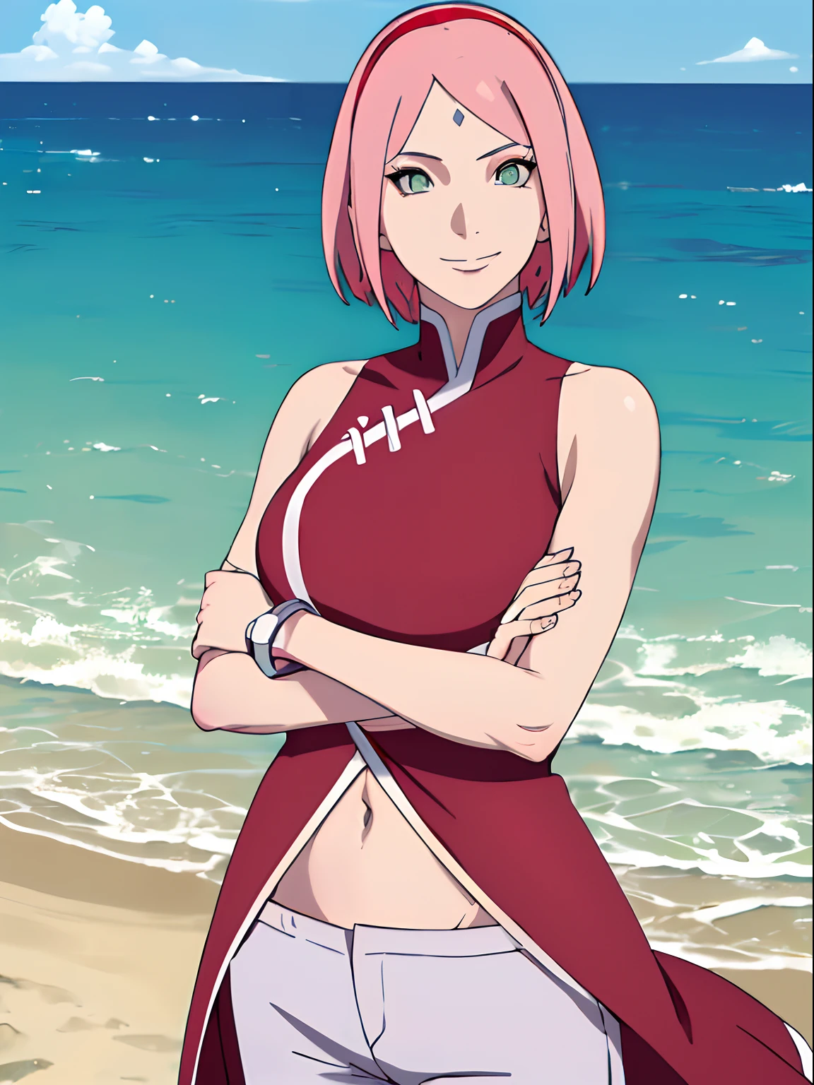 (masterpiece:1.2), (best quality:1.2), beautiful, high quality, (highres:1.1), detailed, extremely detailed 4K, perfect eyes, perfect face, perfect lighting, (1girl, solo, adult female, mature female), sakura shippuden, forehead mark, pink hair, green eyes, 
gris swimsuit, tropical, beach background, sexy pose, standing, smirk, skindentation, muscular, [abs], (cameltoe:1.1), thigh gap, strapless, (shiny), ultra HD, High Resolution, 8K 