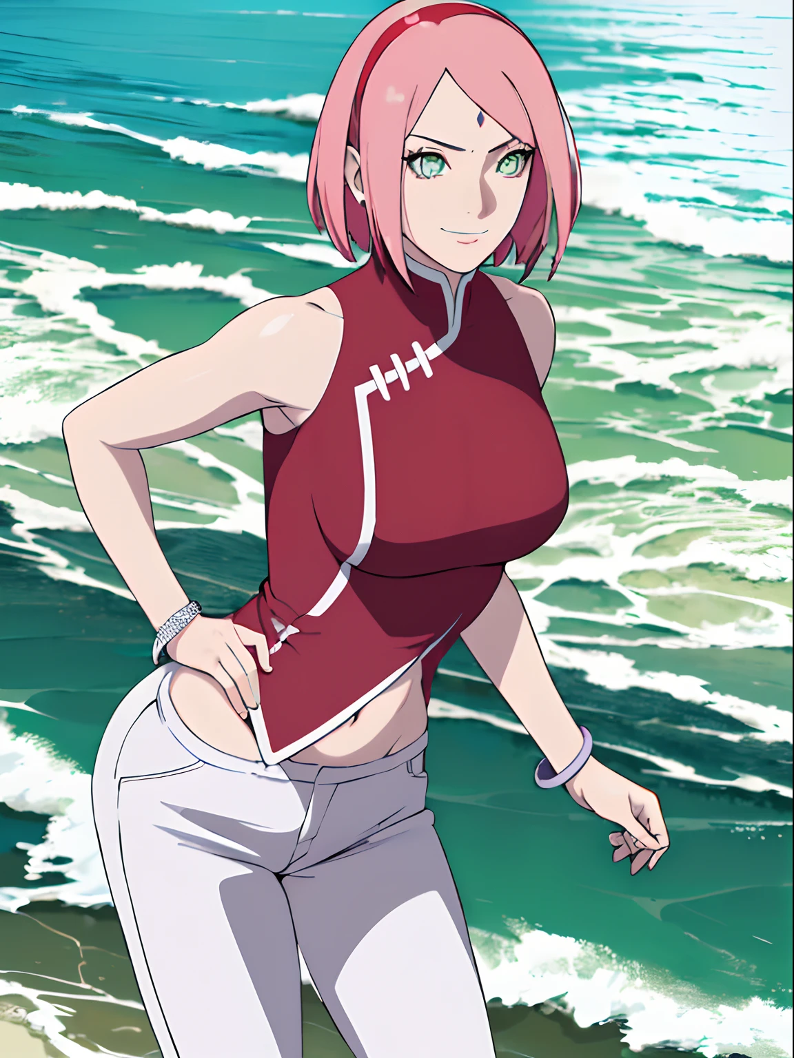 (masterpiece, 1k, anime style, hand drawing, vector coloring, portrait, face shot, professional artwork, detailed beach background, intricate details, colorful, bold drawing lines), (ultra detailed body, ultra detail hair, ultra detail face), trending on pixiv, kind smile, very hot color, best quality, 1girl, hires, haruno sakura, contrasty lighting, (forehead mark, milf, red hairband, pale skin, short hair, ((red sleeveless dress), white pants), navel, groin, bracelet, looking at viewer, crossed arms, pink hair, green eyes, smile, beach, wind, floating hair, detailed arms, off-shoulders, muscular arms, standing), sunnyday