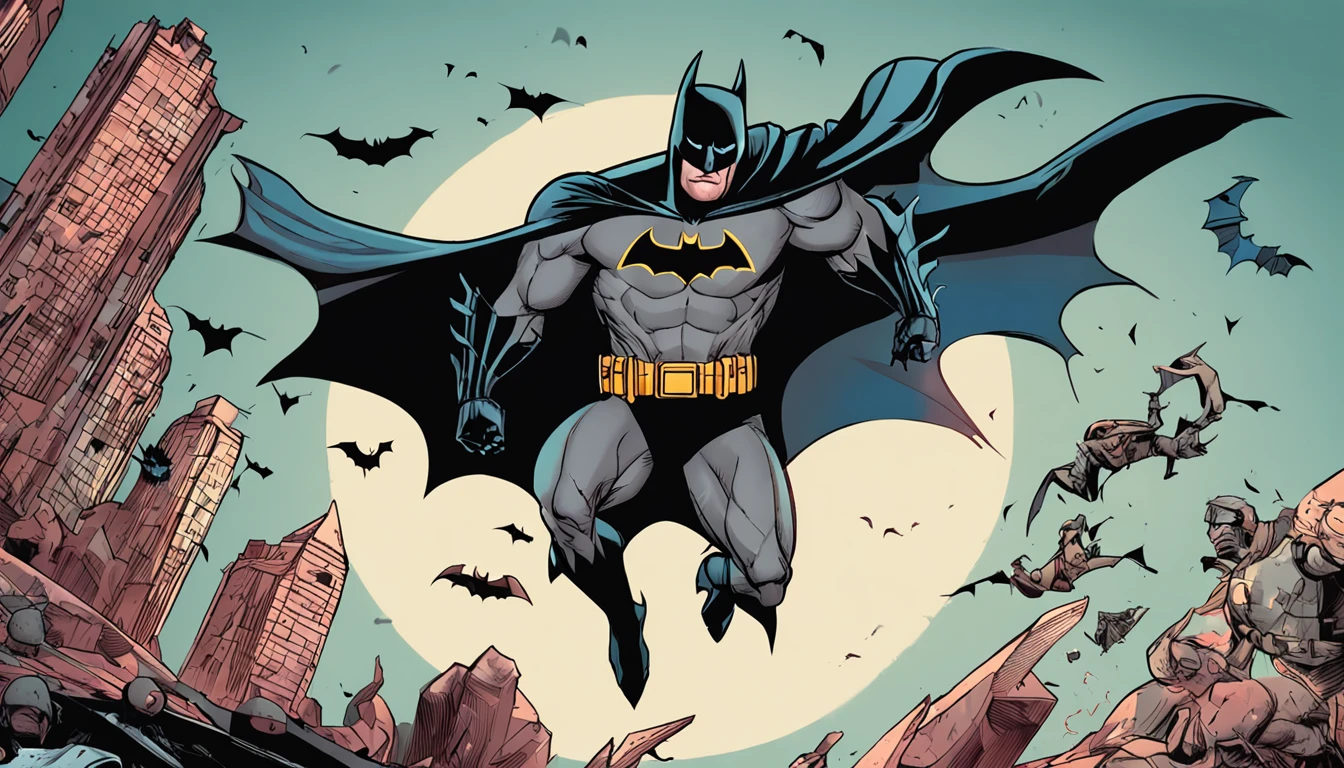 um Batman em chamas, com o batmovel ao fundo, Ultra Detalhado, cor vermelho . ::n_ desenho, Imperfection, baixa qualidade, boneco, Jogo, anime, assinatura