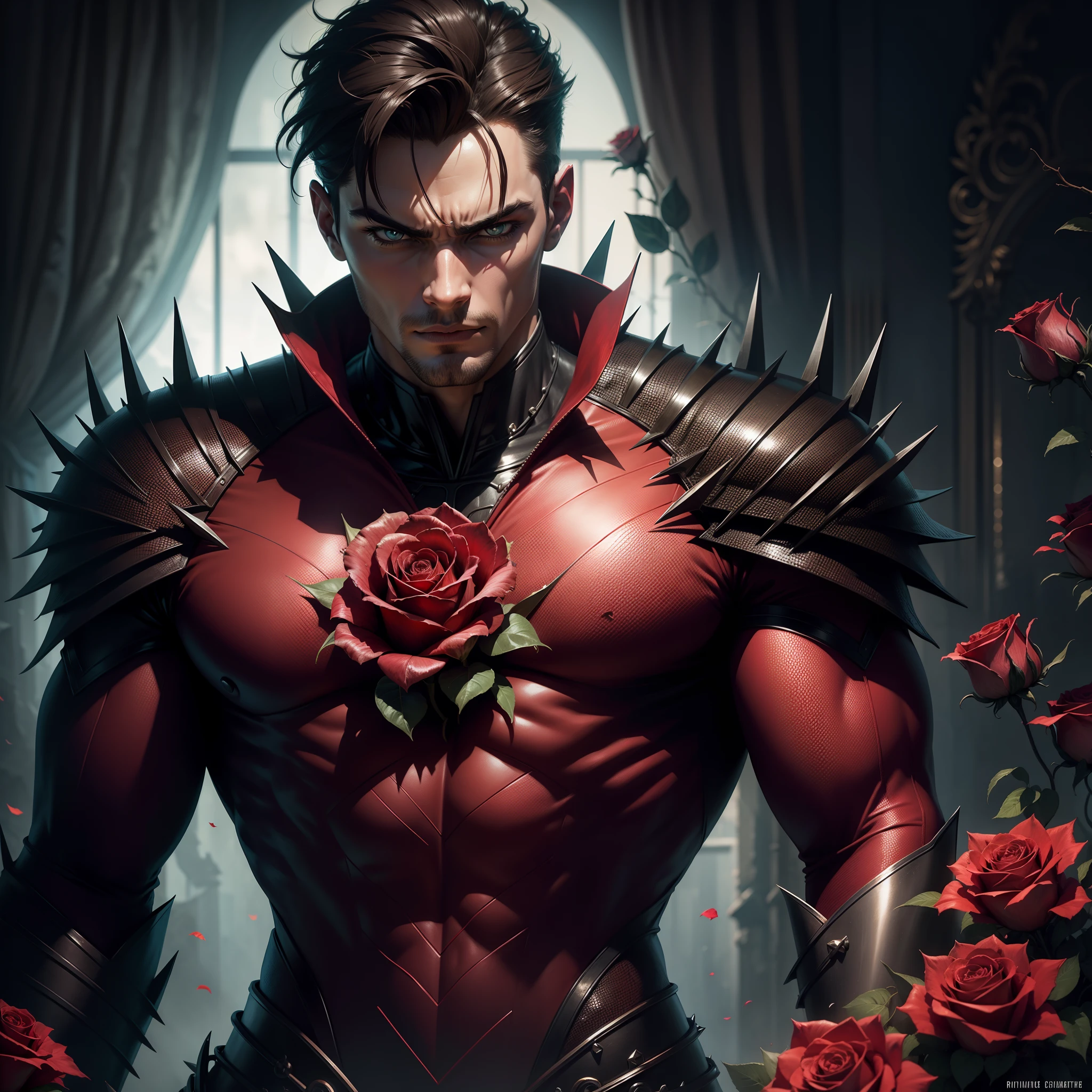 Create a male superhero inspired by roses with spikes, very detailed, creepy looking character, dead roses in the background, high quality, high quality artwork, rich colours photography.