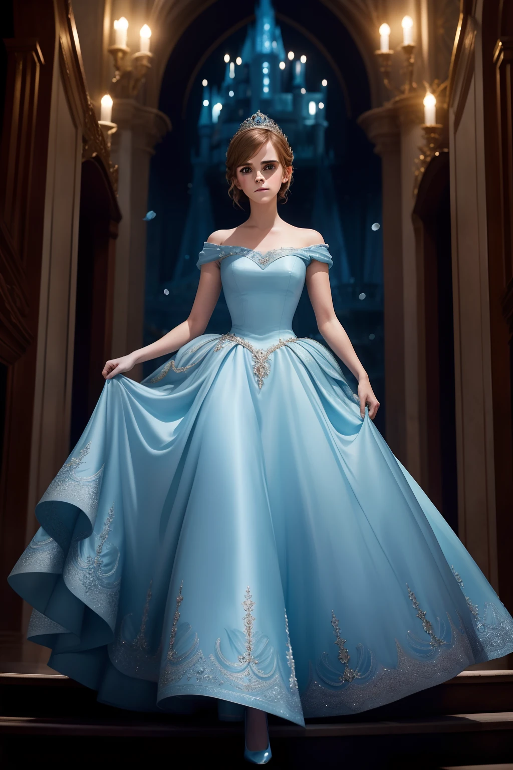 arafed woman in a blue dress and tiable walking up a flight of stairs, cinderella, fairytale style, photorealistic disney, beautiful render of a fairytale, beautiful princess, disney photo realistic, beautiful female princess, fantasy fairytale story, fairytale artwork, emma watson as the queen of ice, beautiful digital artwork, smiling as a queen of fairies