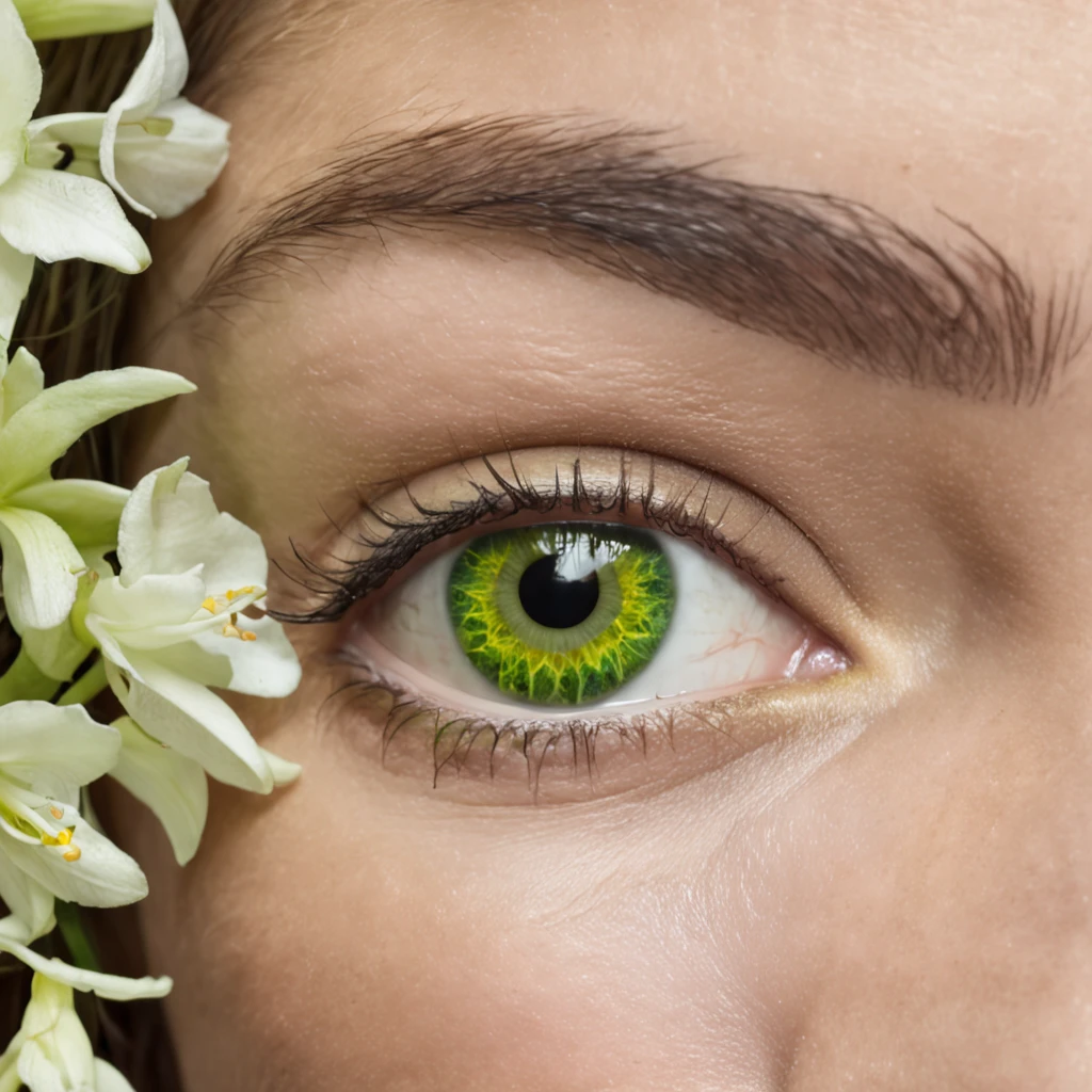 There is a closeup of a person's eye with green and yellow decorations, um olho humano, olhos humanos, Fantastic detailed eyes, foco intrincado nos detalhes dos olhos, eye with roses and orchids inside, super detailed eyes, pele verde com escamas, arte ocular, Olho Verde, pele verde. intrincado, Olhos detalhados, olhos intrincados