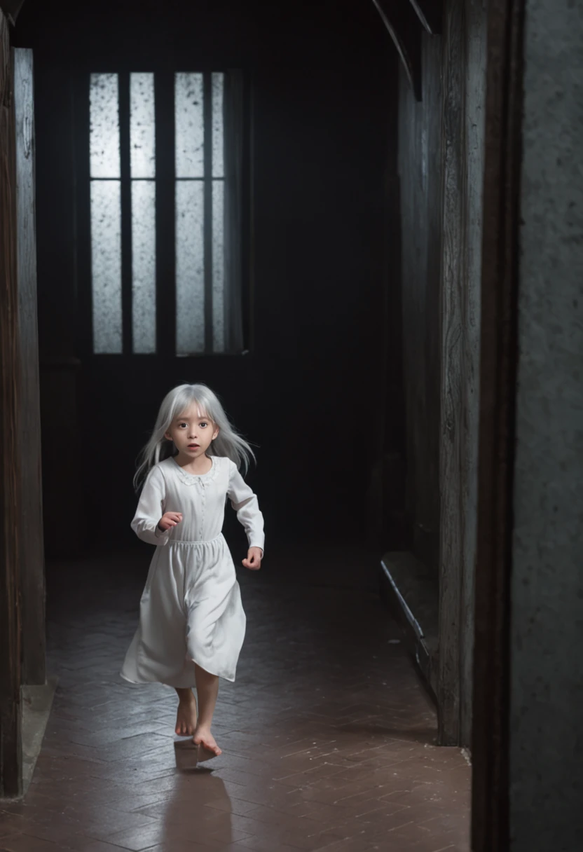 Anime, white hair, long hair, gray silver white eyes, barefoot, white shirt, plain Gown, in a Haunted house horror, li, kipetite body, horror cinematic, :<, scared, running with a monster behind the girl