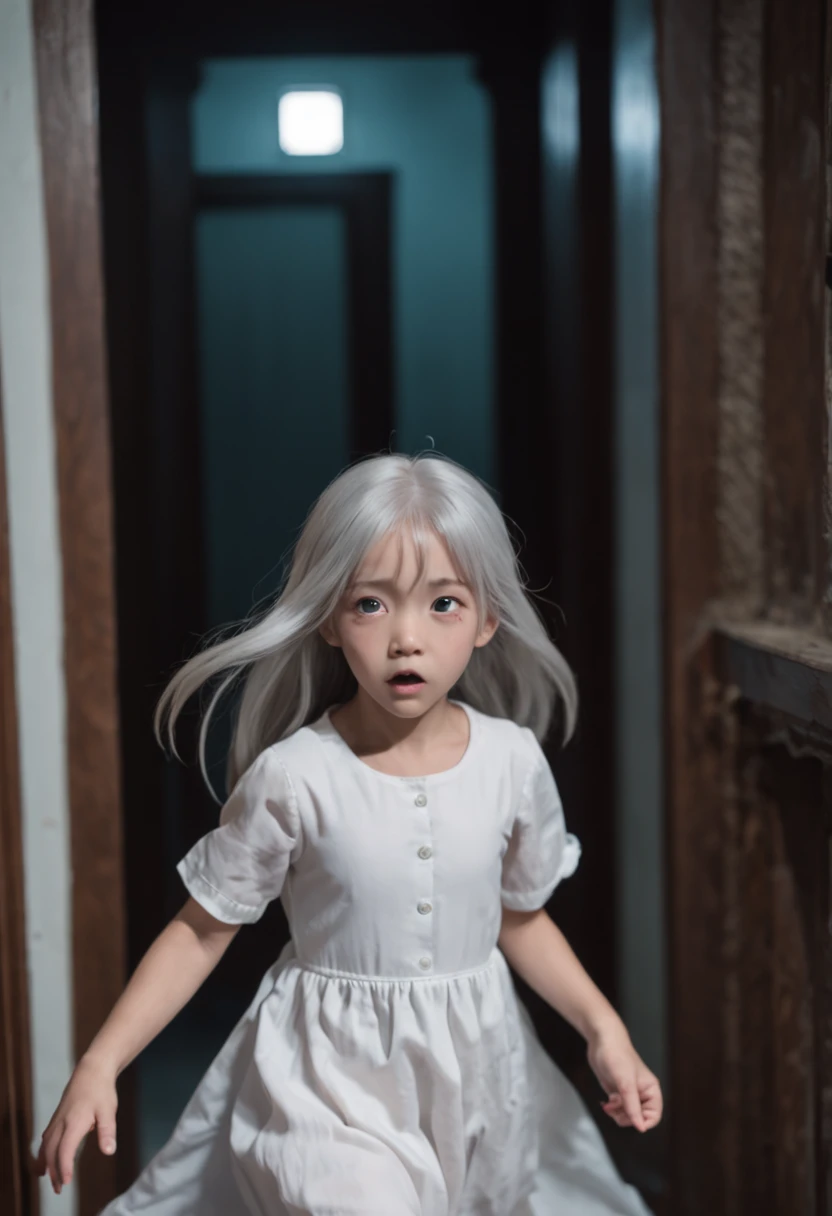 Anime, white hair, long hair, gray silver white eyes, barefoot, white shirt, plain Gown, in a Haunted house horror, li, kipetite body, horror cinematic, :<, scared, running with a monster behind the girl