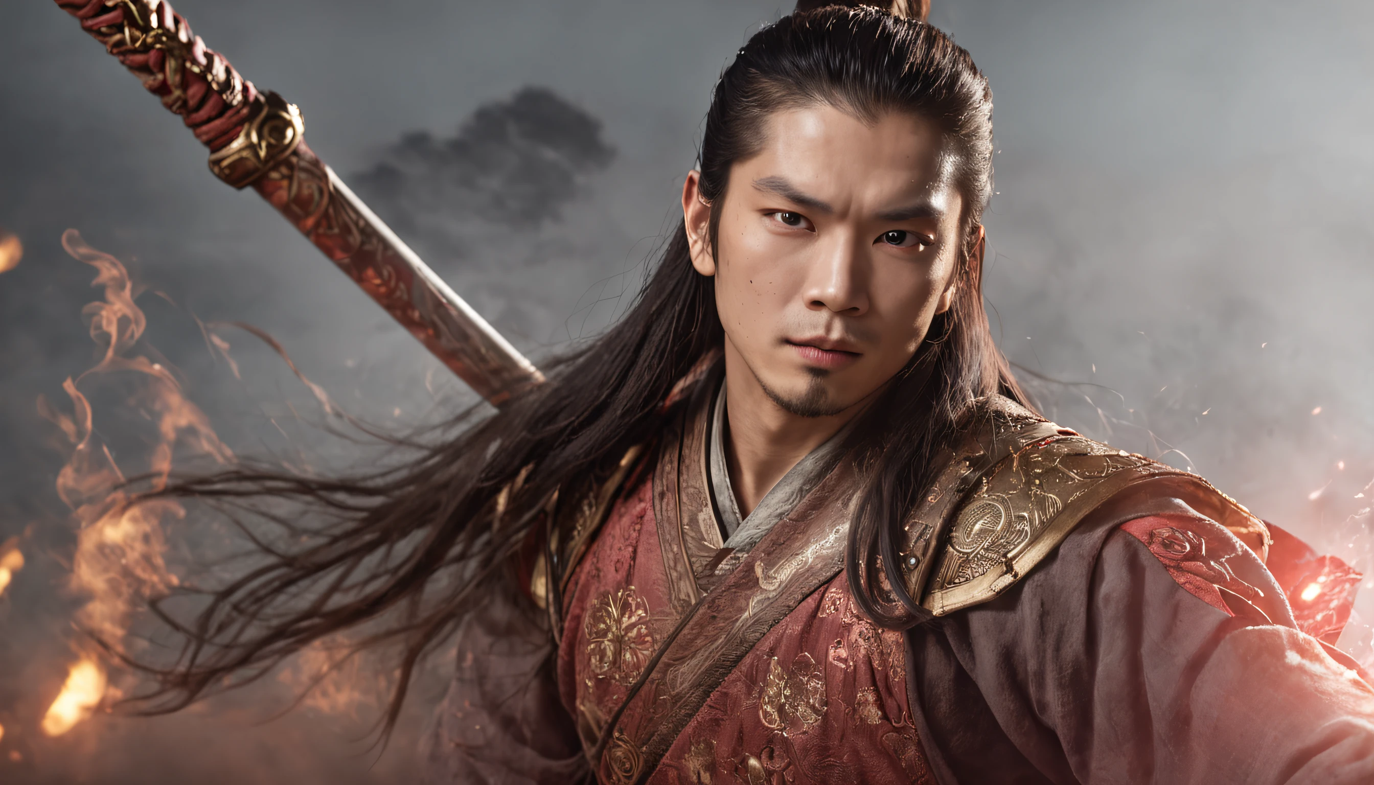A warrior,long haired,Hanfu,Robe,Sword,Handsome face shape,extremely lifelike:1.2, golden staff, Fiery eyes, Muscular, pointy hair, Fierce expression, (battle scars:0.9), tribal tattoos, (Aurora halo:1.2), Floating in mid-air, (powerful stance:1.3), intense battles, energy blast, Flying debris, Dramatic lighting, (Cinematic composition:1.4), Um ser celestial, Mysterious clouds, Ancient temple, Holy, thunderstorm, epic showdown, (Superhuman strength:1.2), Martial arts, (Cloud surfing:1.1), (Transformation:1.3), (Endless energy:1.2), radiant aura, (defying gravity:1.1), (Immortal:1.4), (Legendary heroes:1.5).