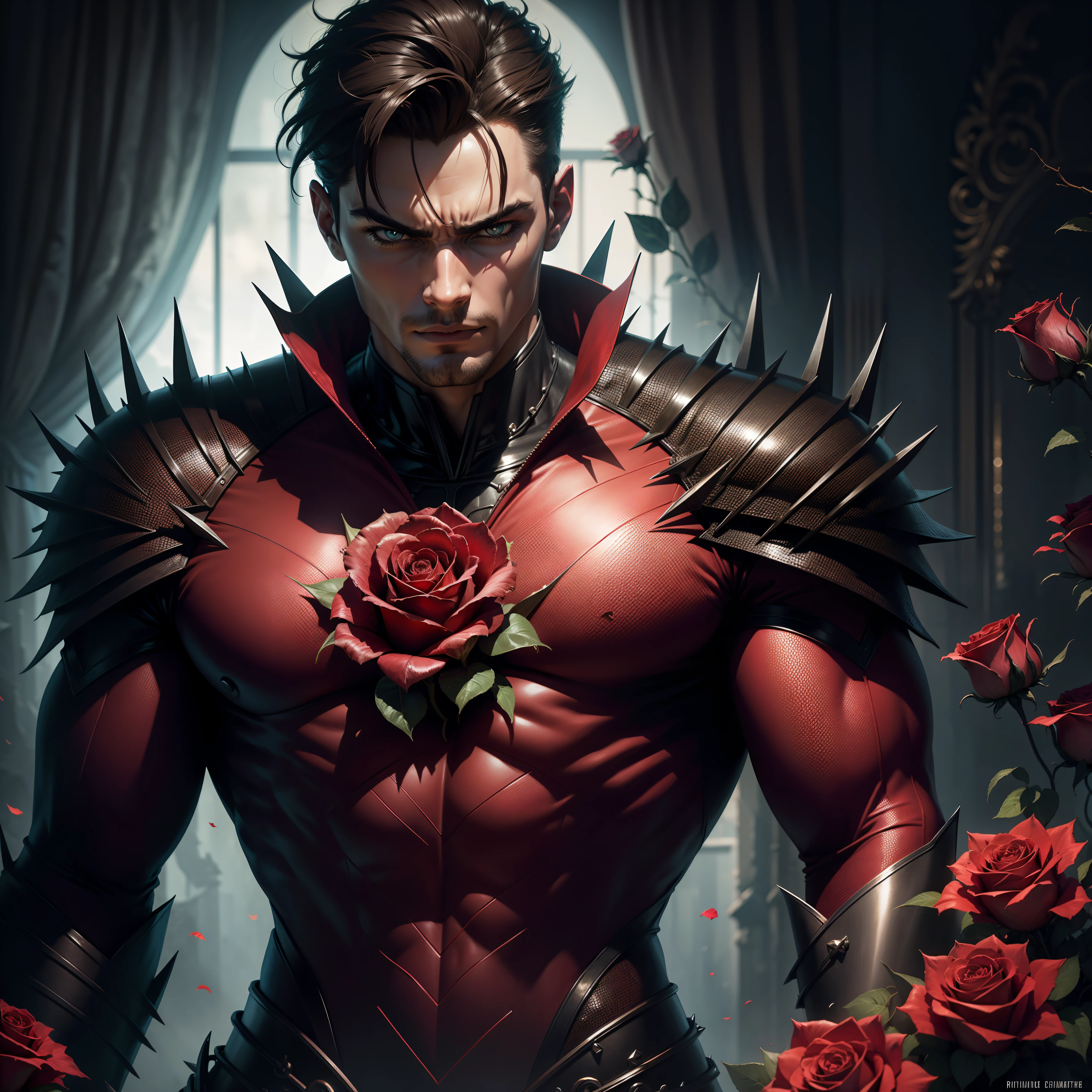 Create a male superhero inspired by roses with spikes, very detailed, creepy looking character, dead roses in the background, high quality, high quality artwork, rich colours photography.