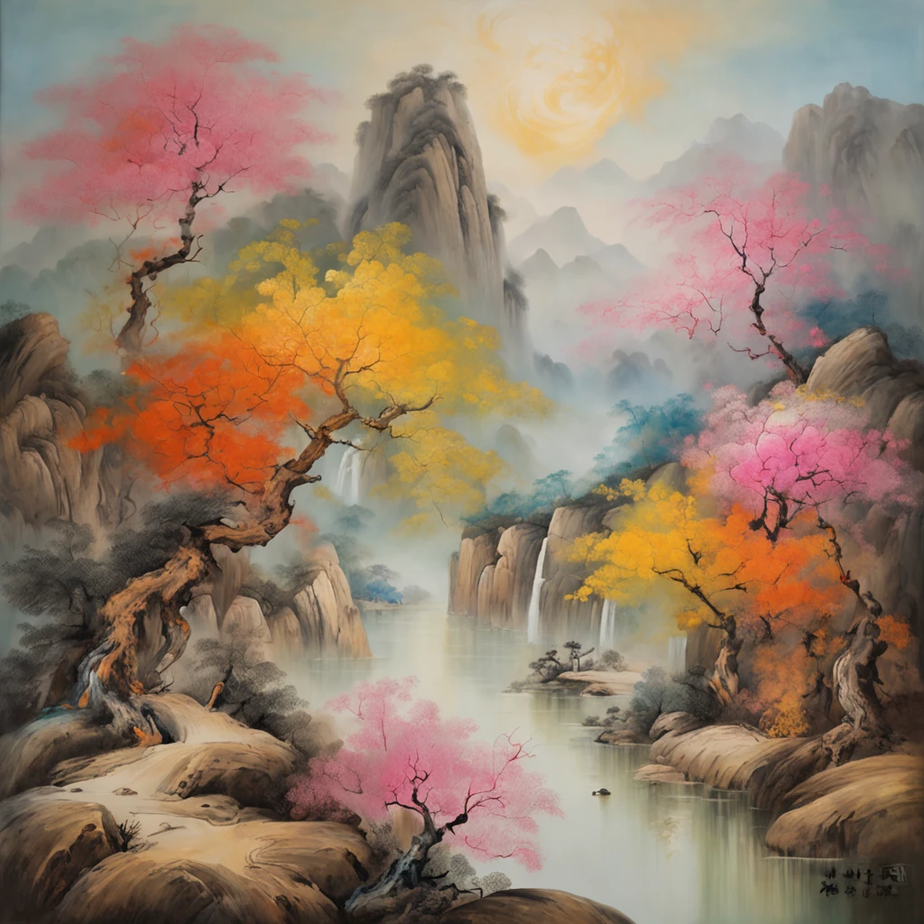 An ancient Chinese painting, ancient Chinese background, mountains, rivers, auspicious clouds, pavilions, sunshine, masterpieces, super detail, epic composition, ultra HD, high quality, extremely detailed, official art, unified 8k wallpaper, Super detail, 32k -- v 6