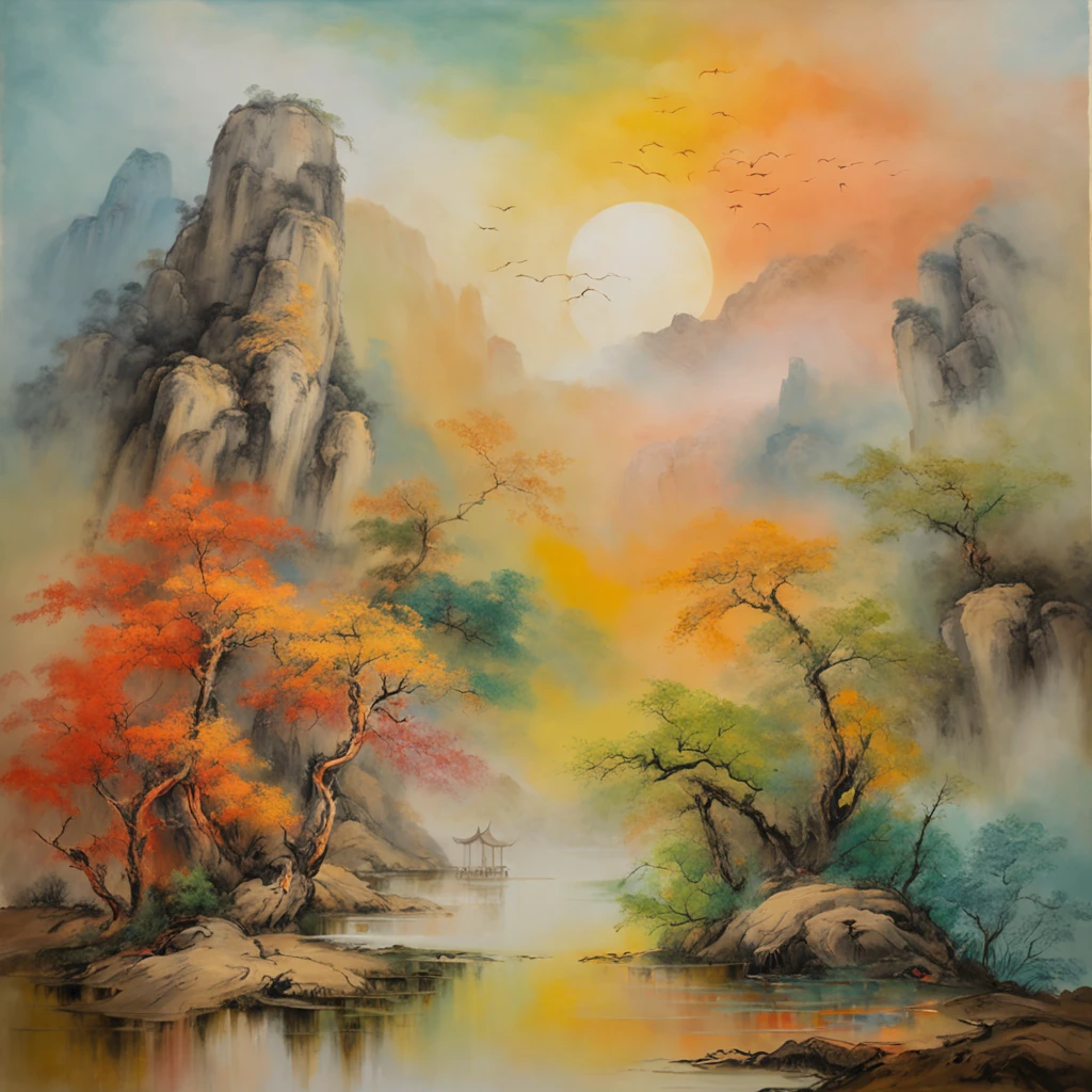 An ancient Chinese painting, ancient Chinese background, mountains, rivers, auspicious clouds, pavilions, sunshine, masterpieces, super detail, epic composition, ultra HD, high quality, extremely detailed, official art, unified 8k wallpaper, Super detail, 32k -- v 6