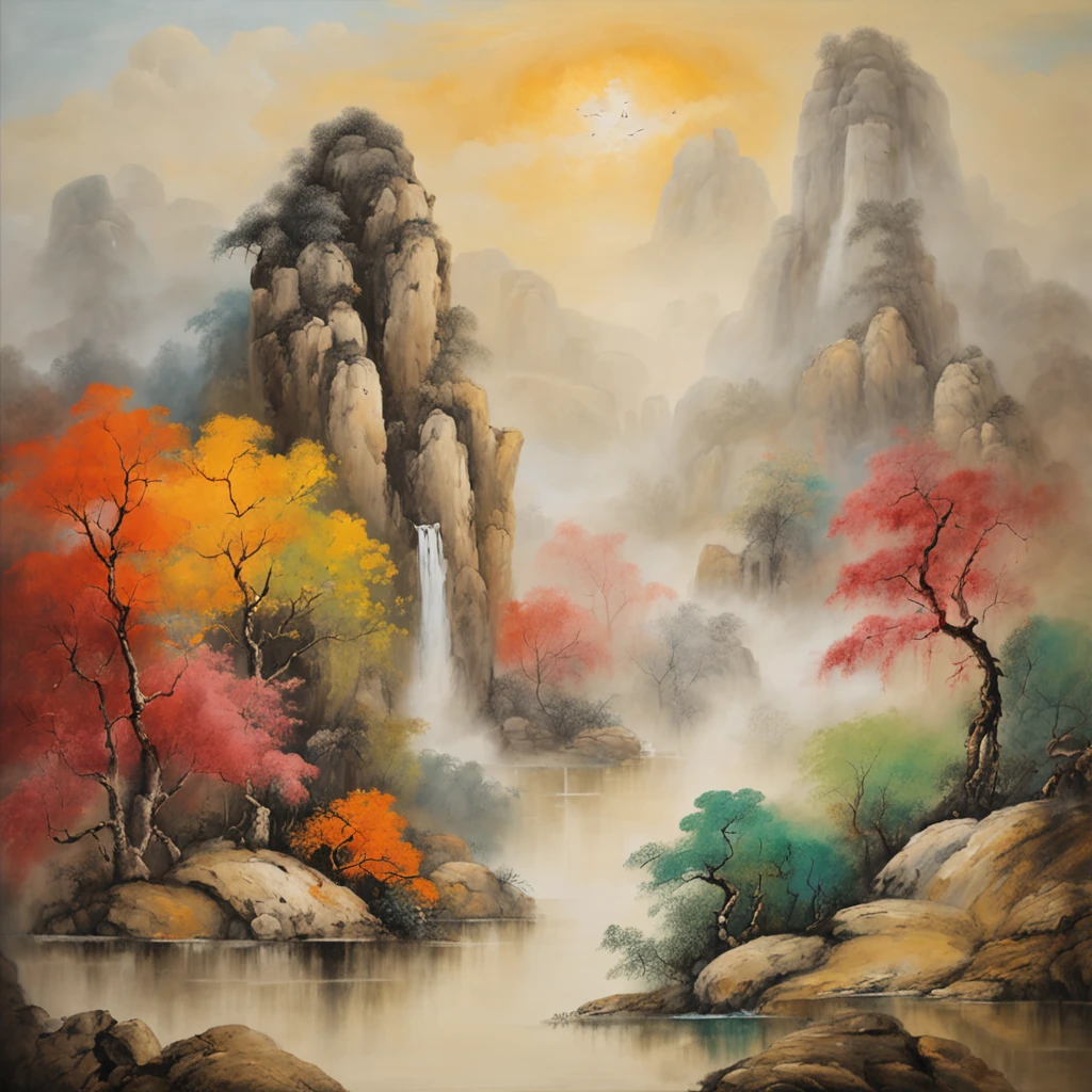 An ancient Chinese painting, ancient Chinese background, mountains, rivers, auspicious clouds, pavilions, sunshine, masterpieces, super detail, epic composition, ultra HD, high quality, extremely detailed, official art, unified 8k wallpaper, Super detail, 32k -- v 6