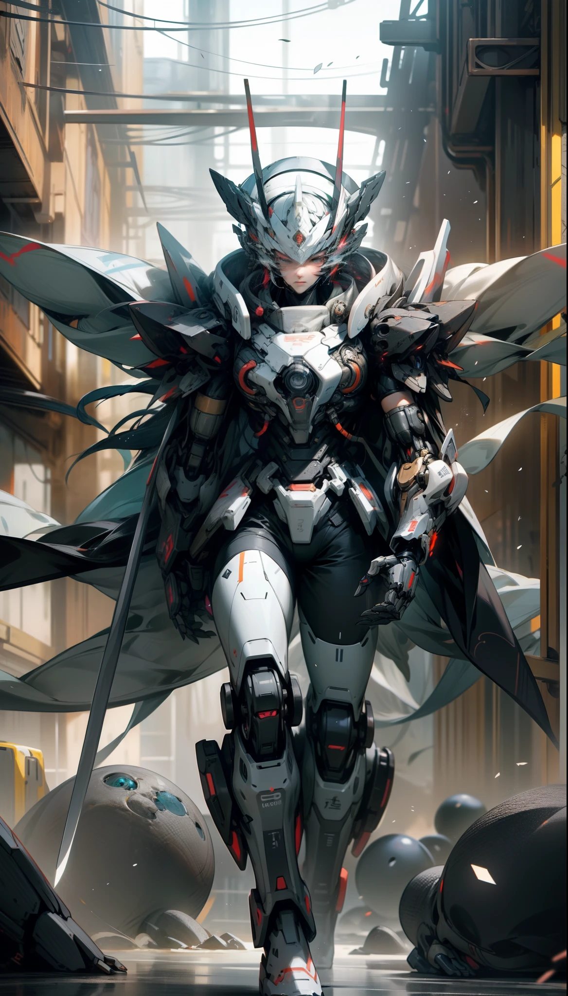 Tall mech，Silver-white body，Black and white，Use the plasma sword，There is a dragon particle effect，Yin and Yang gossip，Formation，mechanical sense，sense of strength，Sense of space，combats，cyber punk perssonage，Human body modification，Structurally sound，Battle instant，high-quality face，4K，High quality，Masterpieces