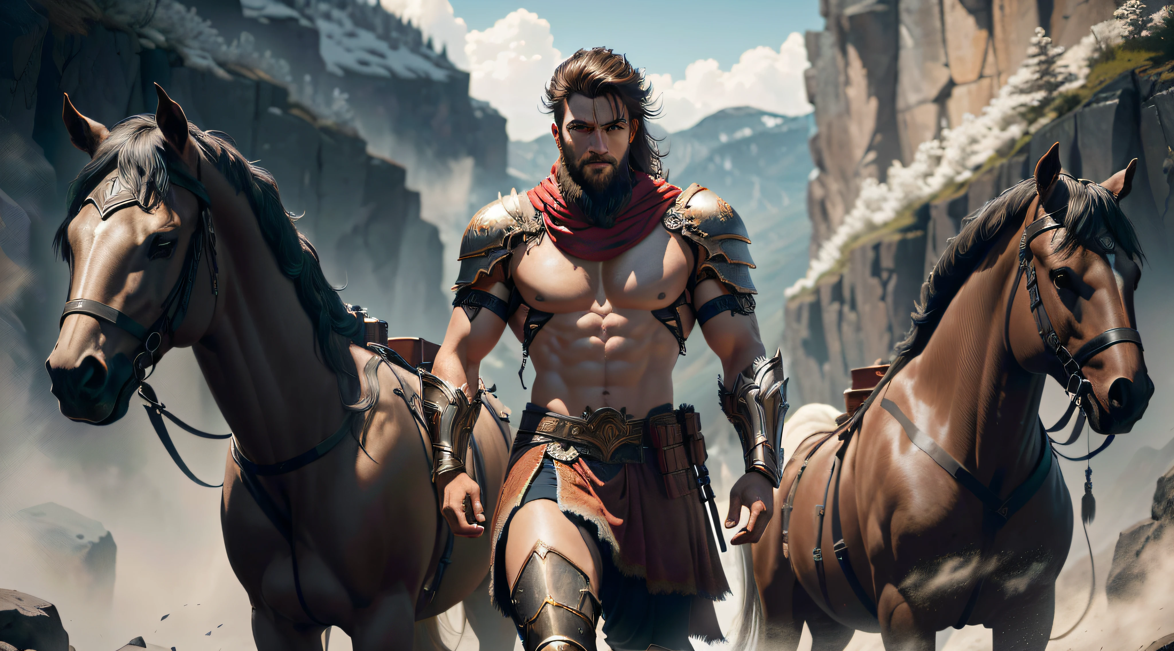 There are three men in armor riding horses in a rocky area, estilo fantasia 8 k octane render, Wojtek FUS, Epic Fantasy Digital Art Style, Hefesto, muscular male hero, atraente macho de carne com armadura, Arte de fantasia 4k, 3 d render arte do caractere 8 k, Epic fantasy art style, Arte de fantasia 8k, ares com armadura pesada e espada. BRILHANTE E COM CONTRASTE, 8K分辨率, OBRA PRIMA
