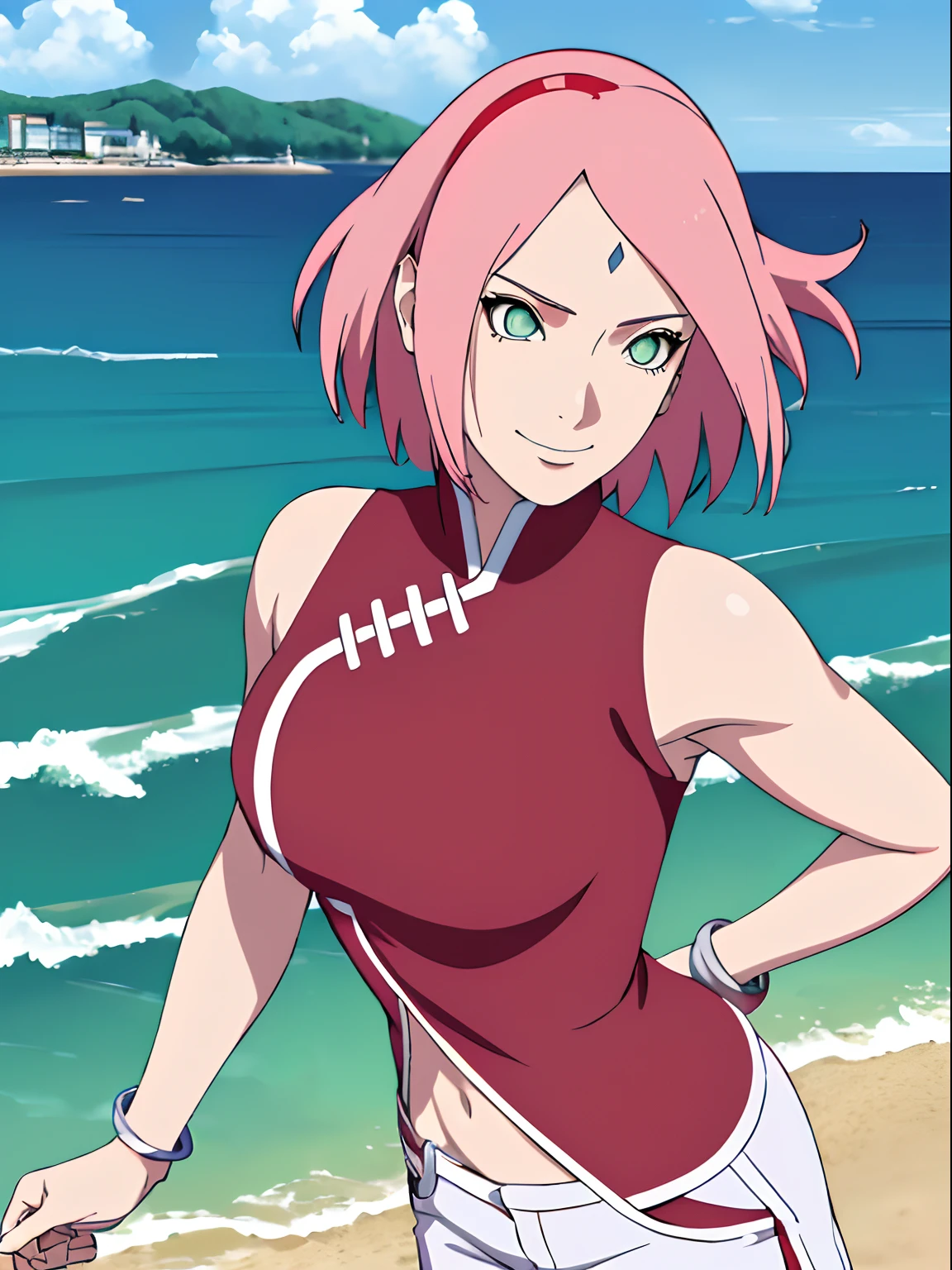 (masterpiece, 1k, anime style, hand drawing, vector coloring, portrait, face shot, professional artwork, detailed beach background, intricate details, colorful, bold drawing lines), (ultra detailed body, ultra detail hair, ultra detail face), trending on pixiv, kind smile, very hot color, best quality, 1girl, hires, haruno sakura, contrasty lighting, (forehead mark, milf, red hairband, pale skin, short hair, ((red sleeveless dress), white pants), navel, groin, bracelet, looking at viewer, crossed arms, pink hair, green eyes, smile, beach, wind, floating hair, detailed arms, off-shoulders, muscular arms, standing), sunnyday