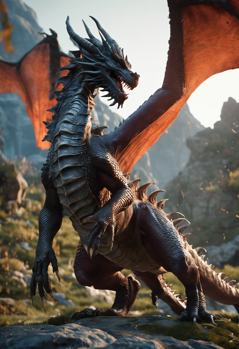 "Create a photo-realistic, cinematic look in an ultra-detailed fantasy world with intricate details of a dragon. Utilize Octane render to achieve a stunning 8k level of photorealism."