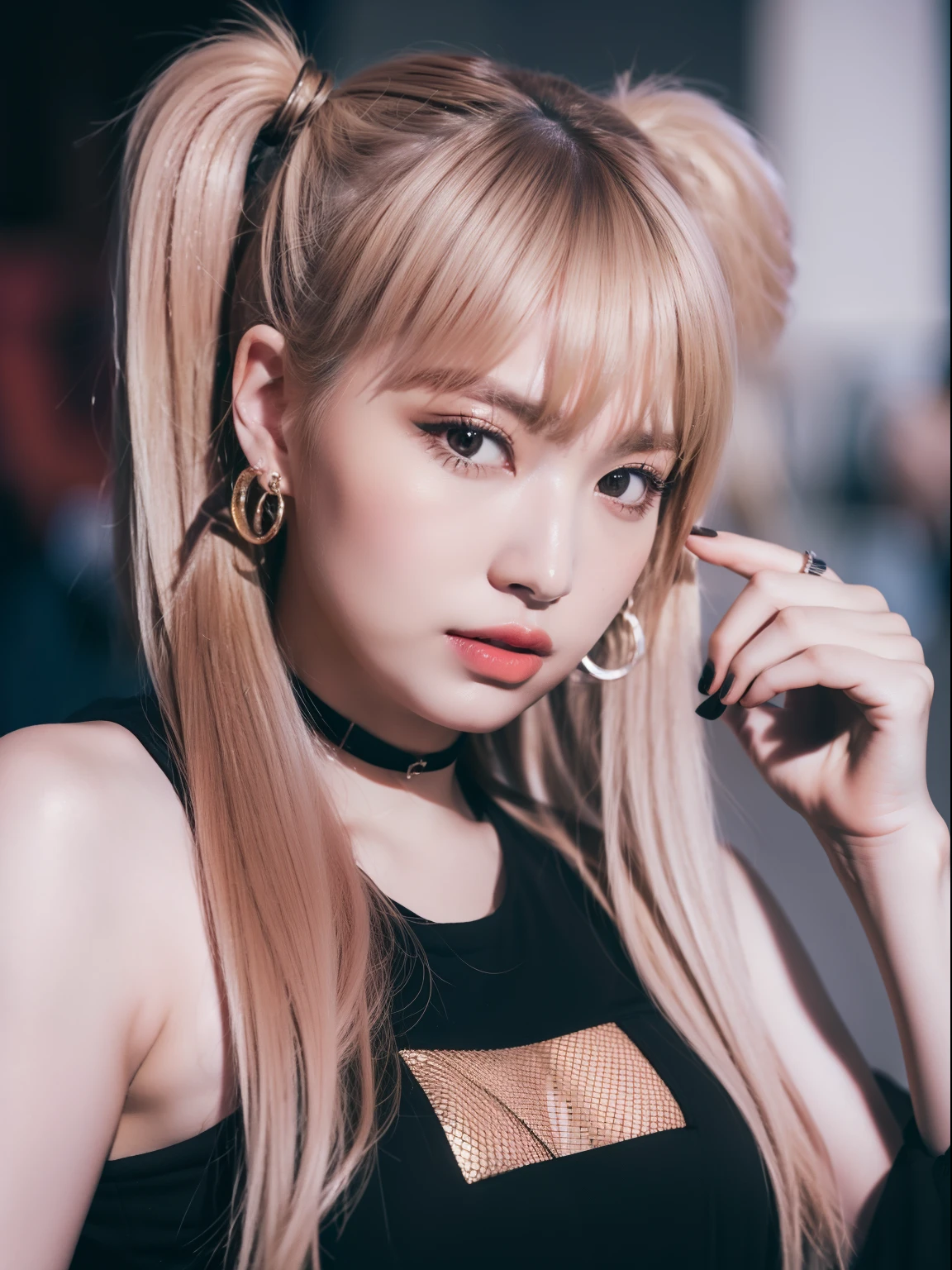 (8K, 4K, Best Quality, Highres, Ultra High Res:1.1), (Masterpiece, Realistic, Photo-Realistic:1.1), 1girl, Face, Close-Up, Twintails, Blonde Hair, Black Eyes, Red Lips, (Looking in Audience: 2), Wearing a sports top, open waist, shorts, long legs, ridiculously long hair, long eyelashes, eye shadow, small face, big eyes, bare shoulders, high contrast,