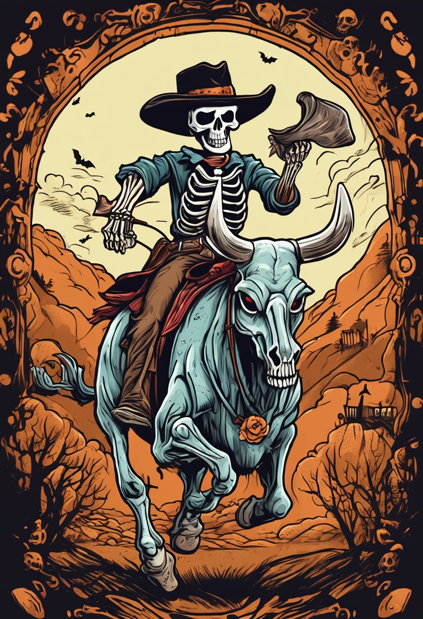 "Halloween t-shirt design: a cartoon-style digital painting of a skeleton wearing a cowboy hat and riding a bull, featuring intricate and detailed digital art."