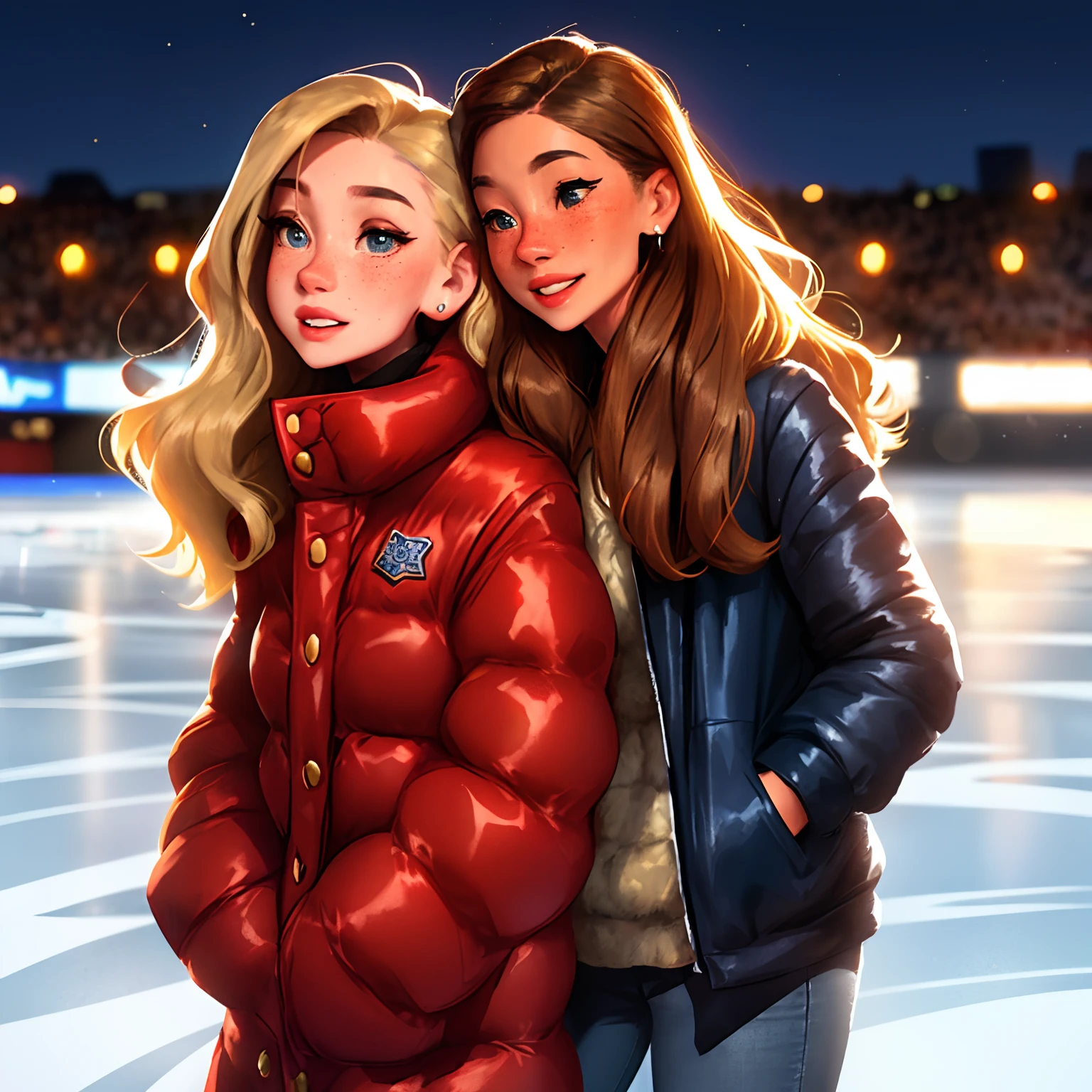 sam yang, 2girls, looking at each other, 1 girl, blonde hair, hazel eyes, long hair, curly hair, earrings, freckles, jewelry, lips, smiling, female ice skater, wearing a red jacket, parted lips, other brunette girl, brown hair, blue eyes, long hair, straight hair, freckles, smiling, parted lips, wearing a blue jacket, female ice skater, looking to the side, stadium background, night, depth of field, ((masterpiece))