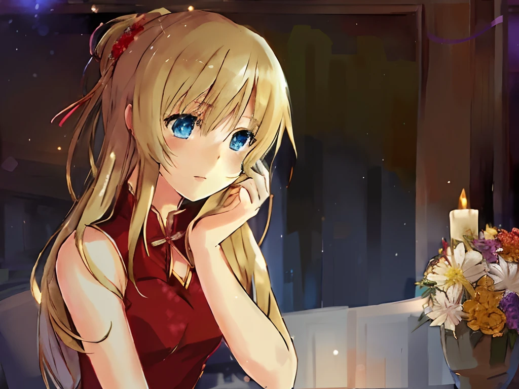anime girl sitting at a table with a candle and flowers, blonde anime girl with long hair, pretty anime girl, cute anime girl, anime style like fate/stay night, beautiful anime girl, attractive anime girl, anime best girl, (anime girl), in dress, an anime girl, young anime girl, anime visual of a cute girl