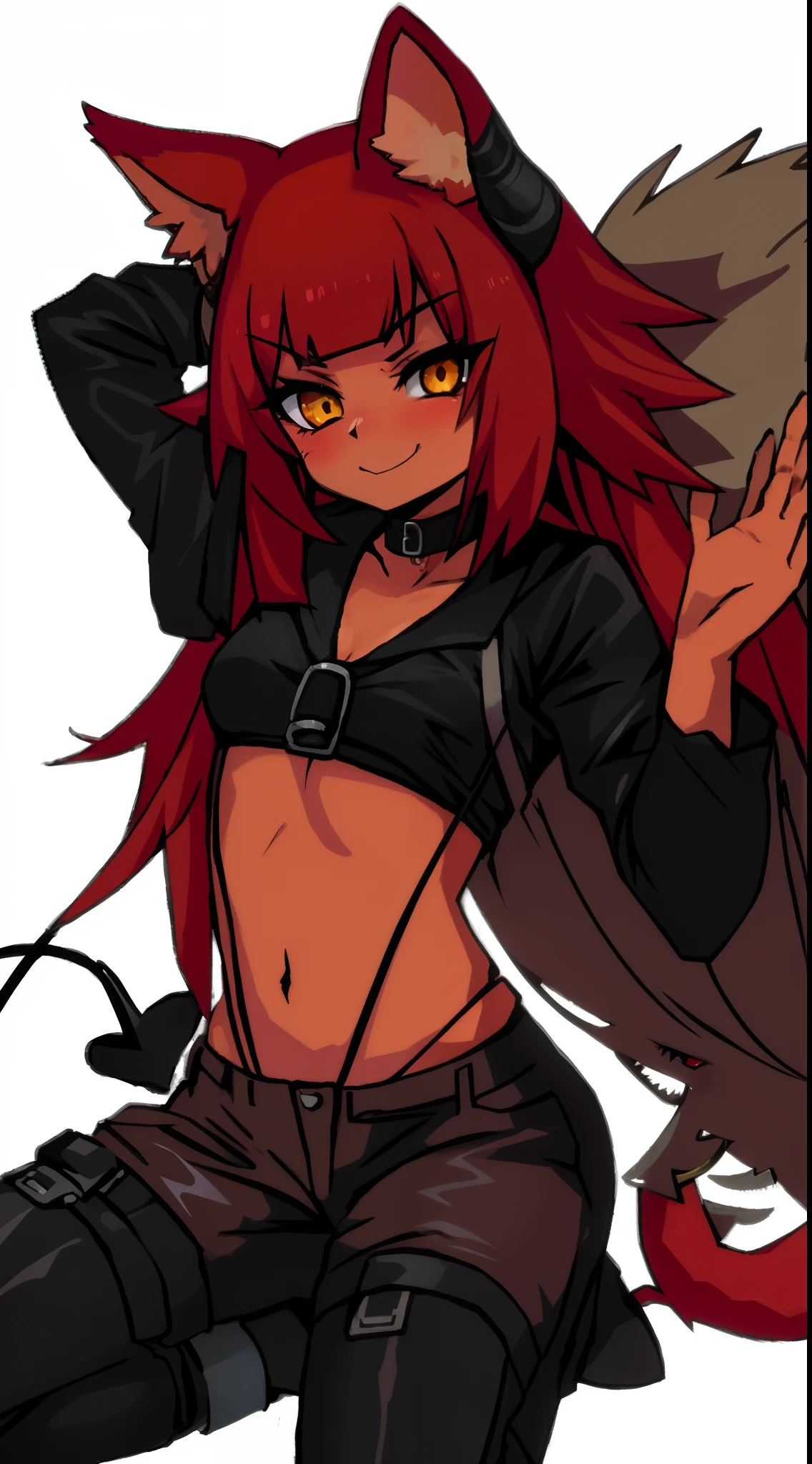 red hairs, long haired, goth make up, ((She hold own open shirt in dye spots)), ((tatooed left arm)), slender, , skin with tan, ((red choker with spies)), ((blushet open mouth show tongue)), detailed, ((best quality, rendered character, ethnicity europe, in good resolution)), erotic reference, 