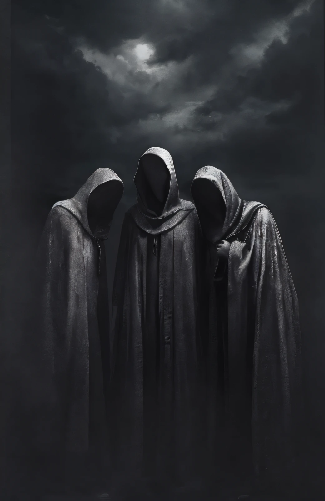 three women in hoodeds standing in a field under a cloudy sky, spiritual eerie creepy picture, (((faceless people dark))), hooded figures, creepy and dramatic atmosphere, the three marys at the sepulchre, mourning family, greek dark ritual myth, ghostly figures, dark entities, eerie spiritual grainy, spirits covered in drapery, dirty, dirt, by maxim verehin