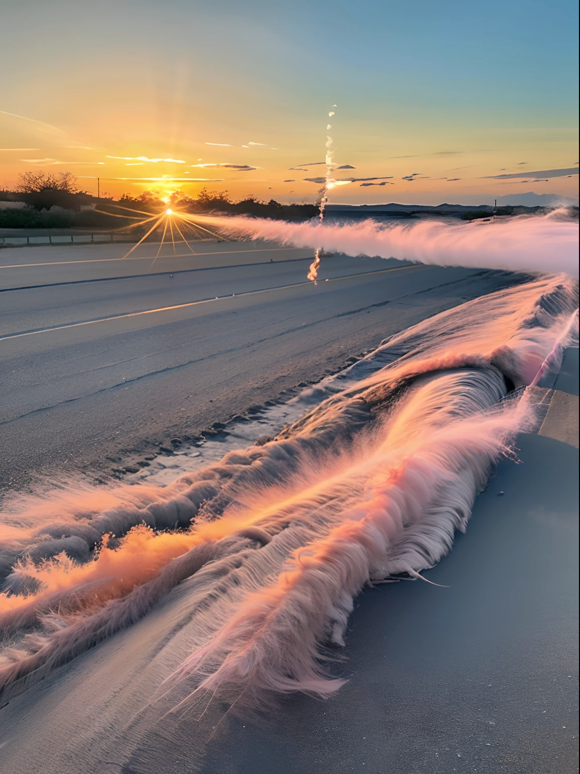 No Man，Gray ground，limestone，On land，pink smoke，grain sense，Explosive effect，Photographic perspective，Heads-up，Dust，Realiy，Photorealistic and realistic，on ground，