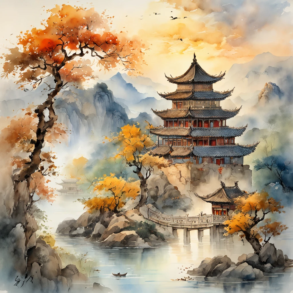 An ancient Chinese painting, ancient Chinese background, mountains, rivers, auspicious clouds, pavilions, sunshine, masterpieces, super detail, epic composition, ultra HD, high quality, extremely detailed, official art, unified 8k wallpaper, Super detail, 32k -- v 6