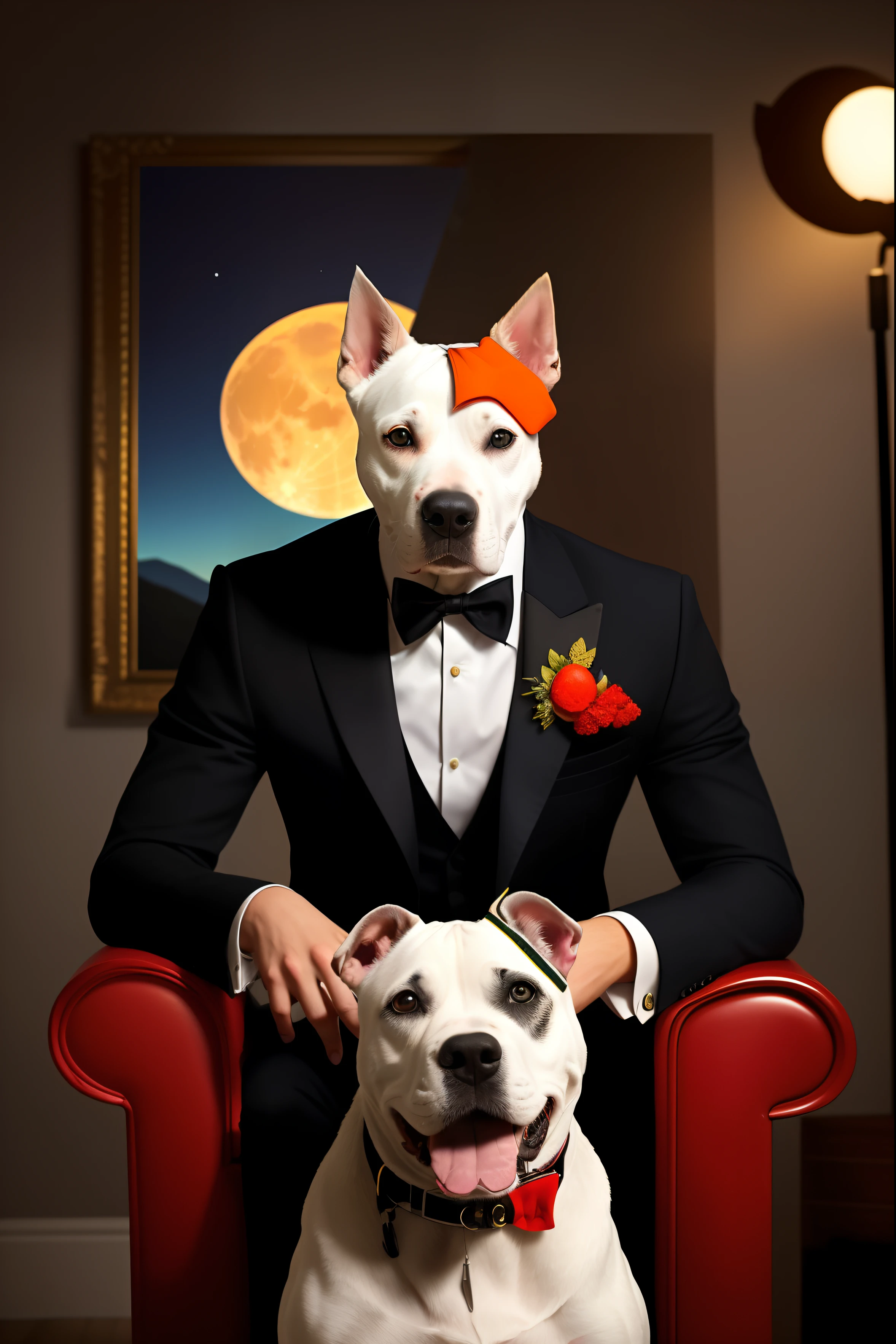 Hay un perro con traje y corbata rodeado de naranjas, epic and classy portrait, Retrato de alta calidad, Retrato disparado 8K, por Emma Andijewska, Toma de retrato, Cyborg - Pitbull, Retrato detallado, Cyborg - Pitbull taking a selfie, Toma de retrato detallada, Se ve muy sofisticado, Retrato de un guapo, por Aleksander Kotsis/IMAGINE,WHITE BREASTED BLACK PITBULL DOG SITTING STUNNING NEXT TO ITS MASTER,BACKGROUND OF A RED FULL MOON,FILM STYLE 8K, 4:3 PICTURE