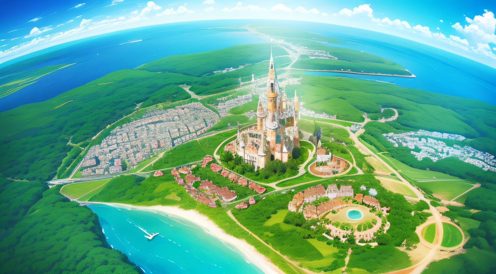 Aerial view of an enchanted medieval kingdom during the day, com destaque para a arquitetura da cidade. (magical realm)+(Sem pessoas)+(Sem mulher)+(Sem homem).