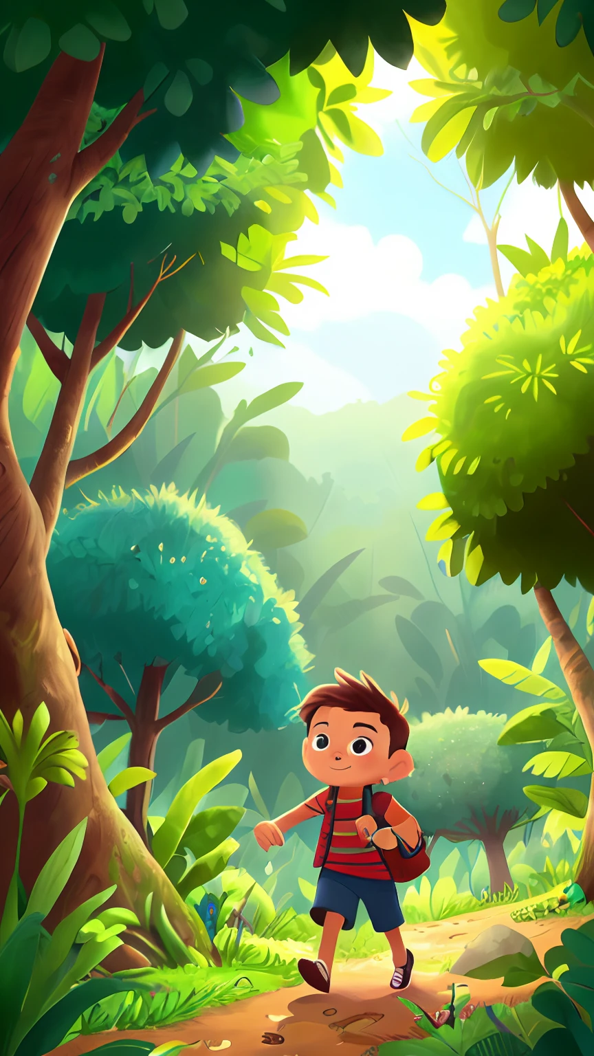 um menino loiro, um explorador, explorando a floresta em busca de aventuras