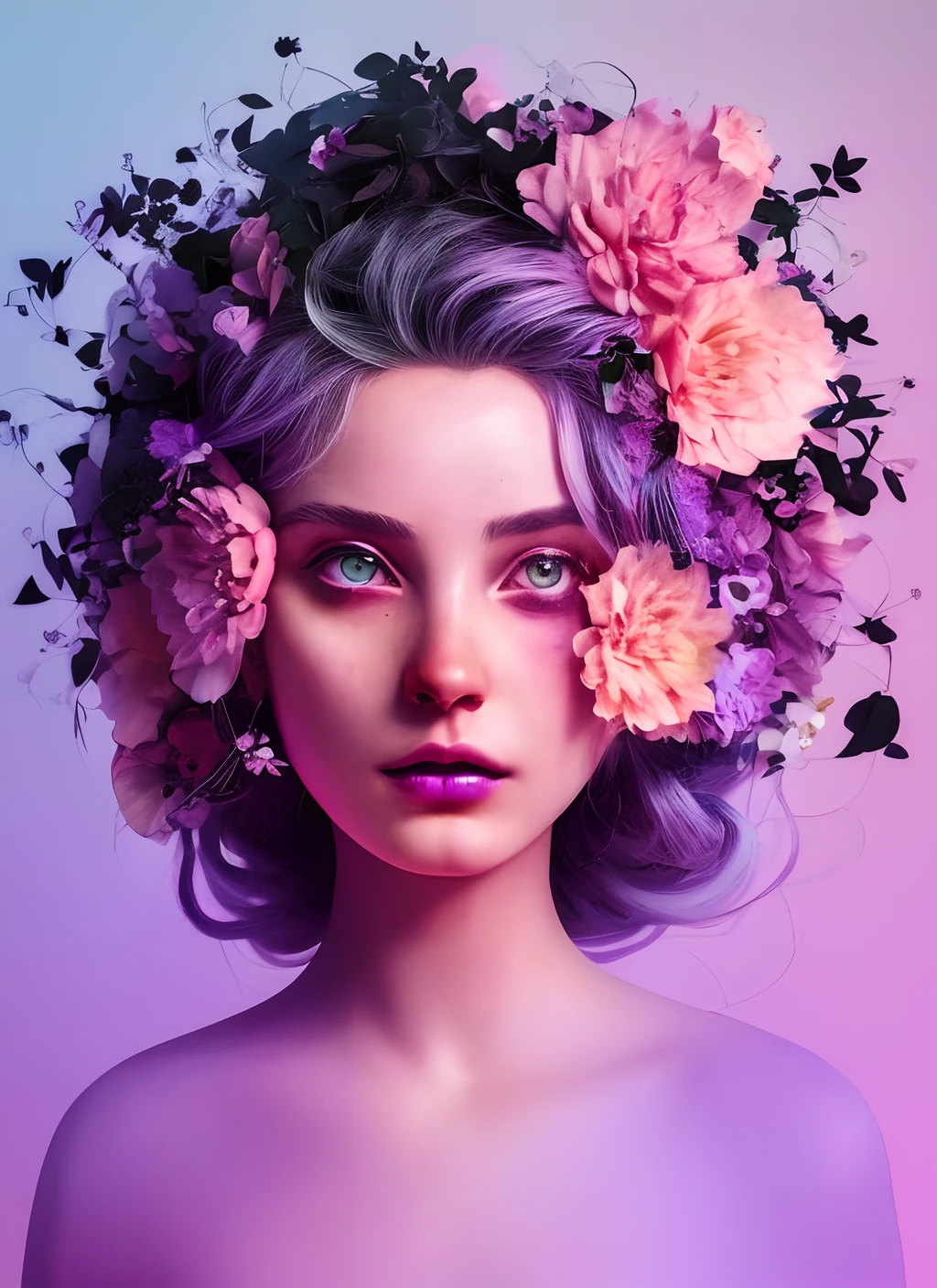 lr_rbn style, portrait of cute woman, wavy hair, pastel pink and purple hair, flowers, nature details, black background, purple and pink, ink, swirly lines, winning award masterpiece, fantastically gaudy, aesthetic octane render, 8 k, hd resolution, focus on the face