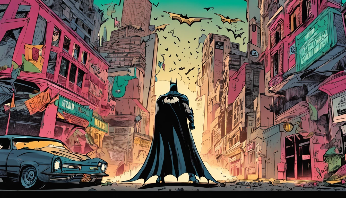 batman em volto a chamas, de fundo o batmovel