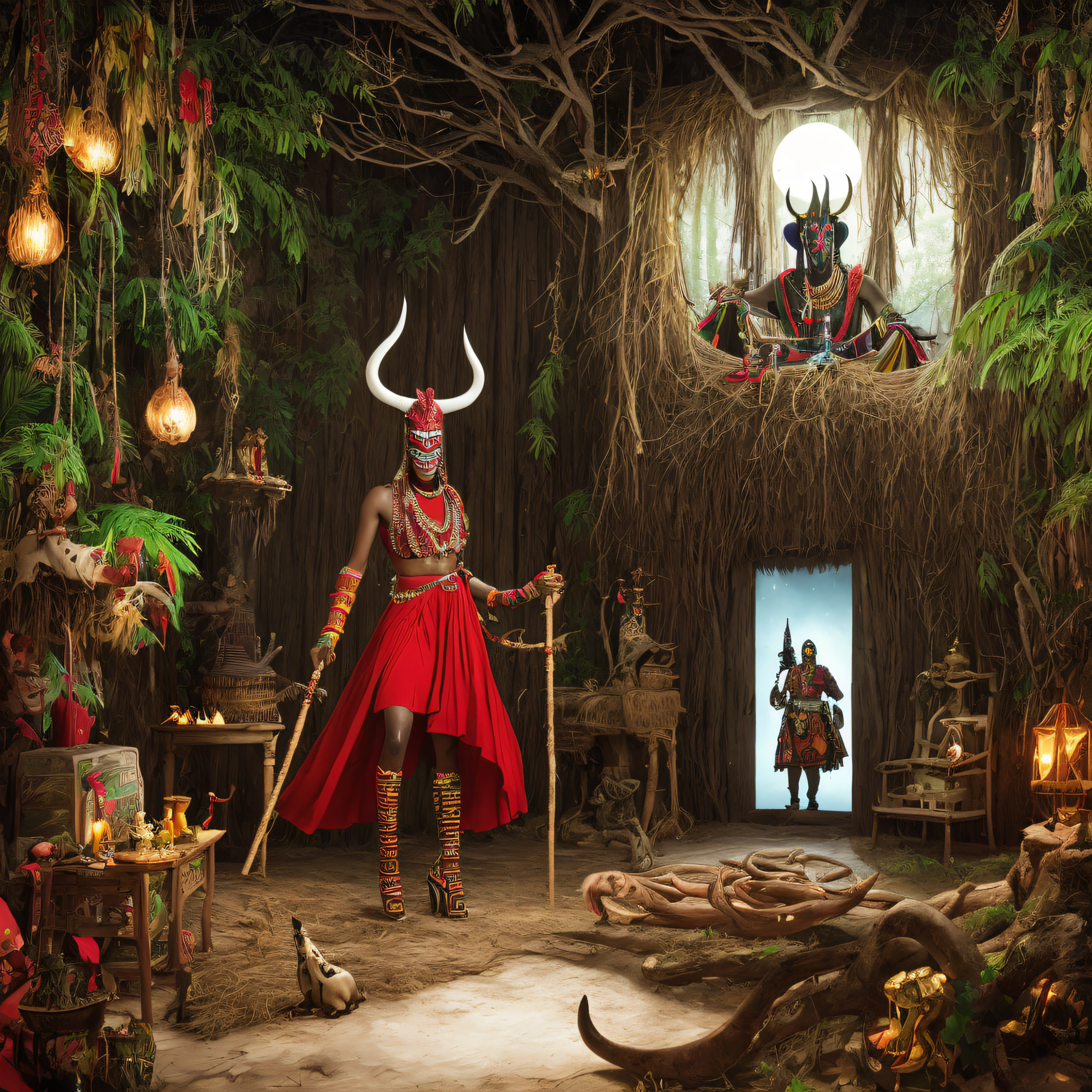 Grace Jones as the focus of the image, in giant size, perfect face, face covered by straw mask, diabolical face, wearing a red necklace with horns, white tribal painting by the body, yellow eyes, illuminated green staff, ethnic high heels, Grace Jones inside the wooden house, African God dressed as a tribal devil, African God in the forest, background consisting of wooden room with open door to a forest illuminated by moonlight, colorful and full moons, starry sky, wooden house with ritualistic objects, voodoo, tree branches entering the wooden house through the door, wooden house catching cute, snakes by the environment, best quality, masterpiece, high resolution, 8k, hyper-realistic image, Professional photo, realistic image, full body view, bottom to top angle