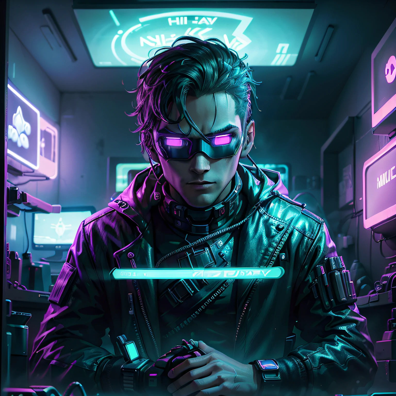 ((Best quality)), ((masterpiece)), (highly detailed: 1.3), 3D, NeonNoir, cyberpunk man, (using the head mounted display that is thick and hi-tech: 1.2), using a cover, hacking a computer terminal, PURPLE NEON MONITOR LIGHT, GREEN NEON SIGNS ON THE WALL,
