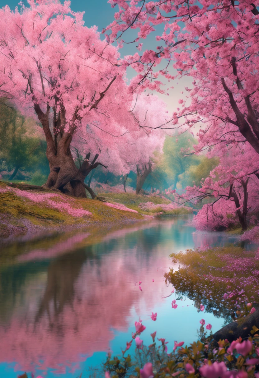 Describe a charming scene of a spring grove with cherry trees in full bloom, painting the scenery with its beautiful pink color. Ao redor do bosque, um extenso campo florido irradia alegria, com uma mistura de rosas brancas, amarelas e azuis, destacando-se no mar de cores vibrantes.
In the heart of the woods, there is a serene lake, circundado por pedras que emolduram suas margens. Uma cascata graciosa desce suavemente pelo lago, creating a pleasant sound of moving water. The crystal clear waters of the lake reflect the blue spring sky and the cherry trees in their splendor.
Exploring this enchanted scenery, Butterflies of varying colors and different sizes dance in the air, adding a dose of magic to the landscape. Its delicate wings capture the sunlight and provide a mesmerizing spectacle of movement and color in the serene environment of the forest.
Use this prompt to guide imaging according to your wishes. The more details you provide to the model, The closer he will be to creating the ideal image of his dream grove. Enjoy the creation of your exuberant and enchanting spring environment!