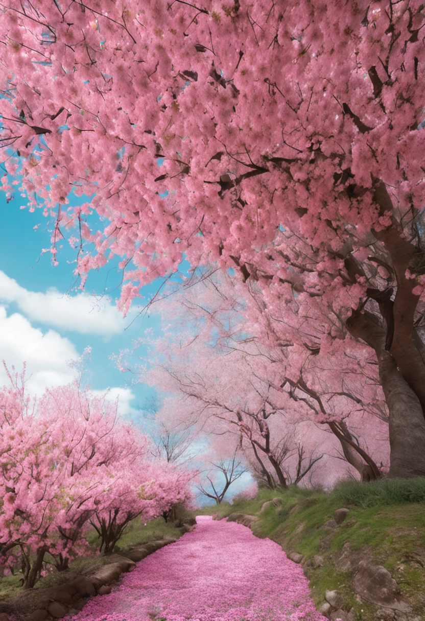 Describe a charming scene of a spring grove with cherry trees in full bloom, painting the scenery with its beautiful pink color. Ao redor do bosque, um extenso campo florido irradia alegria, com uma mistura de rosas brancas, amarelas e azuis, destacando-se no mar de cores vibrantes.

In the heart of the woods, there is a serene lake, circundado por pedras que emolduram suas margens. Uma cascata graciosa desce suavemente pelo lago, creating a pleasant sound of moving water. The crystal clear waters of the lake reflect the blue spring sky and the cherry trees in their splendor.

Exploring this enchanted scenery, Butterflies of varying colors and different sizes dance in the air, adding a dose of magic to the landscape. Its delicate wings capture the sunlight and provide a mesmerizing spectacle of movement and color in the serene environment of the forest.

Use this prompt to guide imaging according to your wishes. The more details you provide to the model, The closer he will be to creating the ideal image of his dream grove. Enjoy the creation of your exuberant and enchanting spring environment!