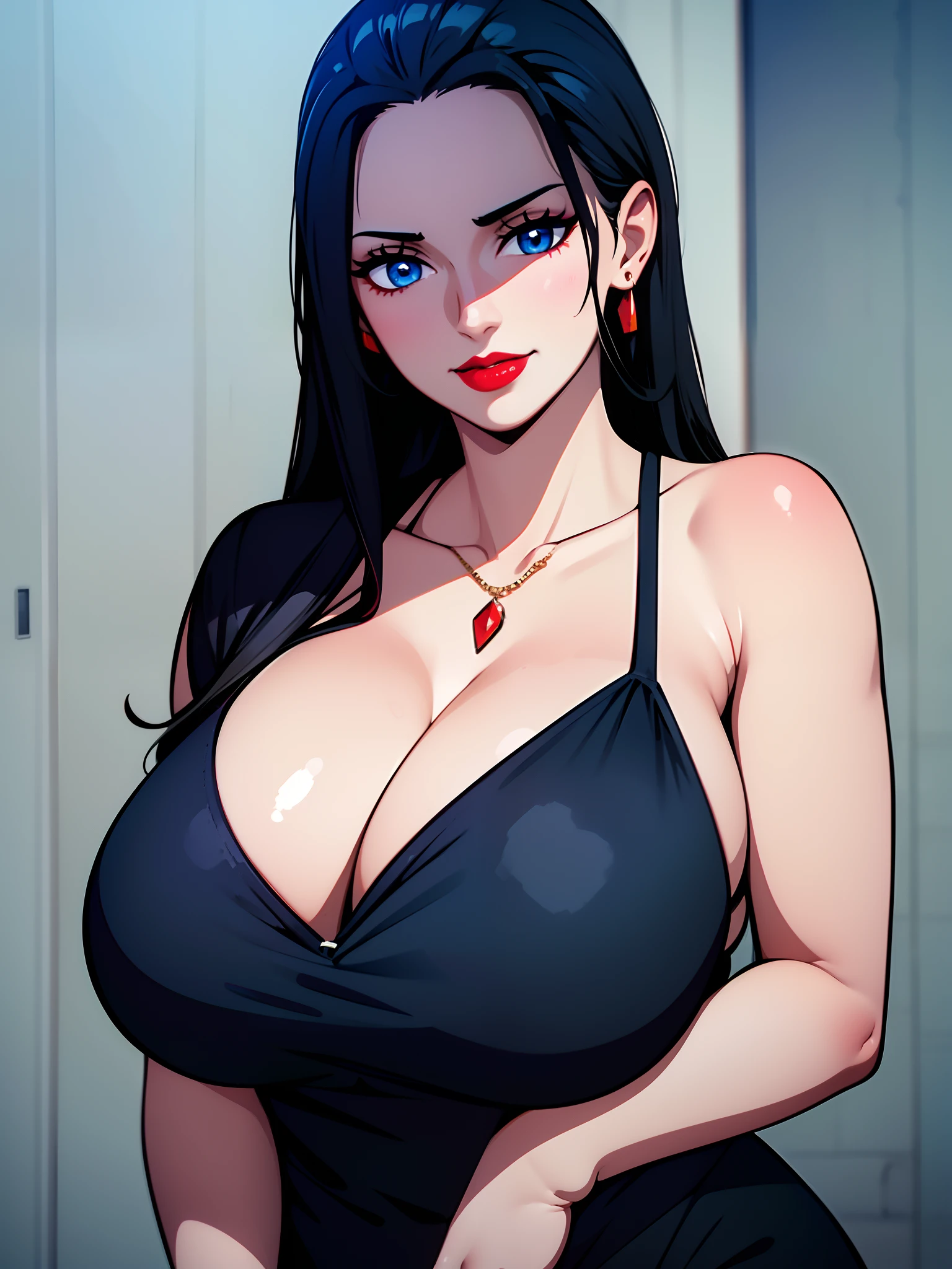 Girl, smile, red lips, long hair, black hair colors, big nose, big tits, sexy pose, sexy body, fair skin, wear earrings in the ears, wearing a necklace, black lingeria clothes, beautiful girl, blue eyeball, realistic